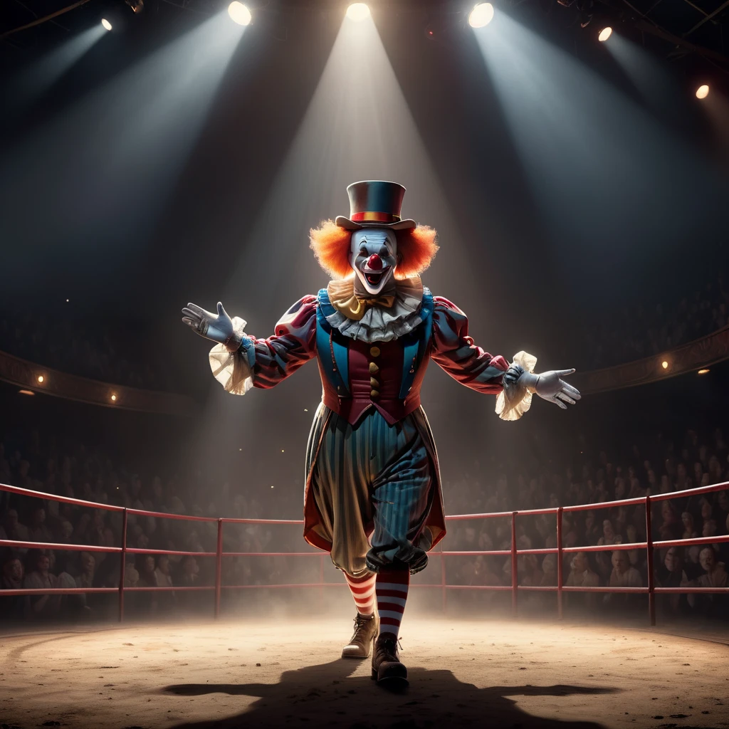 High Resolution, High Quality, Masterpiece. Only one a spotlight beam from the side and from above in a dusty smoky circus highlights a lone clown in the arena. 32k resolution, dramatic studio lighting, photorealistic concept art complemented by detailed acrylic techniques, intricate complexity, ultra HD, vivid colors, perfectly composed with soft, natural, volumetric, cinematic lighting, created in Unreal Engine, ultra hd, realistic, vivid colors, highly detailed, UHD drawing, pen and ink, perfect composition, beautiful detailed intricate insanely detailed octane render trending on artstation, 8k artistic photography, photorealistic concept art, soft natural volumetric cinematic perfect light, 32k ultra-resolution, soft natural light evoking cinematic