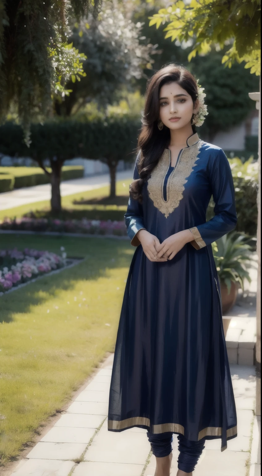 A girl in Punjabi salwar suit with open hair of plane Balck colour in the garden of flower