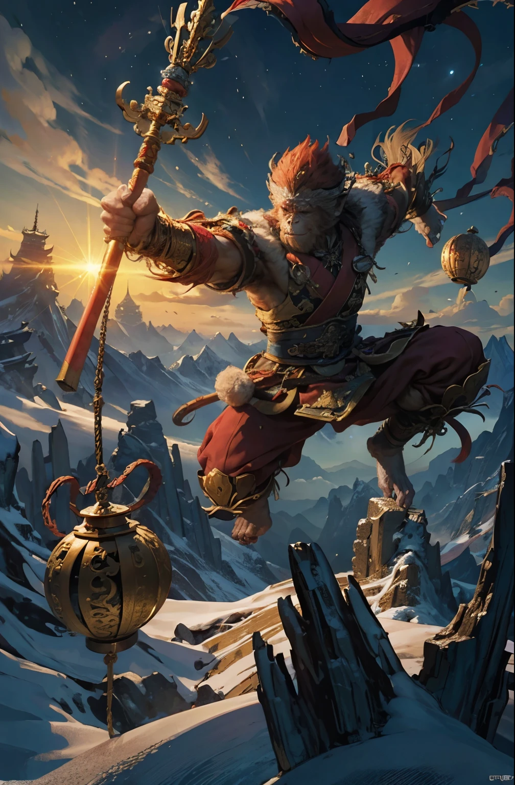 (highres:1.4),official art, unity 8k wallpaper, ultra detailed, beautiful and aesthetic, masterpiece, best quality, realistic, (fractal art), epic scene, highres, (masterpiece), (best quality), pov from above, Sun Wukong, ([golden:red]:0.4) fur, ([heavy Chinese armor:red cape]:0.4), (one hand holding the Golden Cudgel:1.2), ([monkey king|Sun Wukong]) stomp on ground ready to fly to the top of an ancient Chinese temple ready to battle, tall ancient Chinese temple, night, night sky, (cracked ground:1.2), feet on ground, monkey walking on ground, snow and cloud on the horizon, flying,