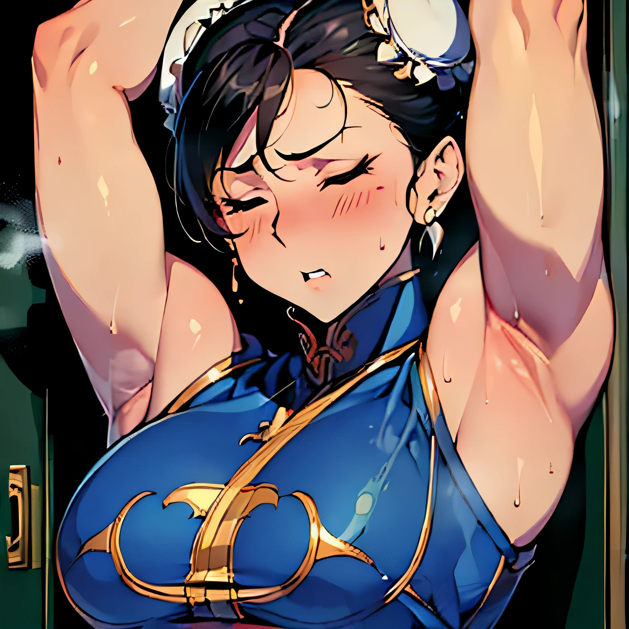 ((masterpiece)), ((highest quality)), ((super detailed)), (highly detailed face), (very well-groomed face), 1 girl, locker room, look down, blush all over the face, focus on the side, Upper body, Raise the hand, vapor, Sweat, vaporing body, Chunli, vaporing armpit, distress, closed my eyes, open your mouth,