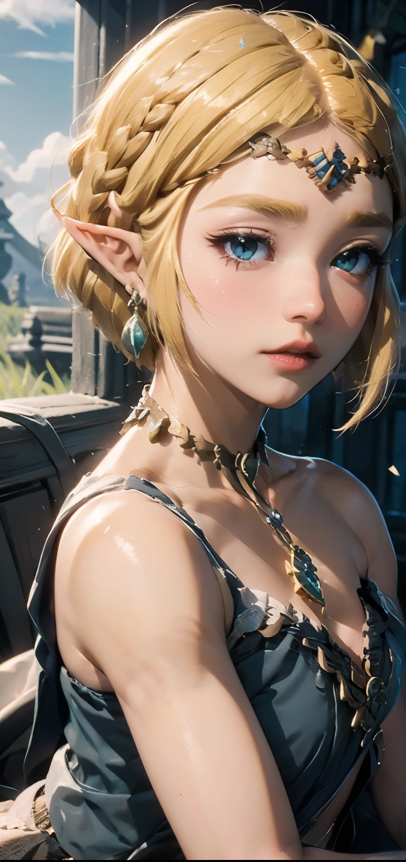 (((Best Quality))), ((Ultra-detailed)), (extremely detailed photo), ((extremely delicate and beautiful)),(Cute delicate face), ((masterpiece)), perfect anatomy, intricate, (highly detailed), masterpiece, photorealistic,A 23 years old dignified Princess Zelda,(Background of Hyrule Castle),(holding Master Sword),tall girl,(gold hair and crown braid and short hair and blue eyes),(Dynamic pose),alone, double eyelid,delicate skin,slender body shape,Legend of Zelda tears of the kingdom