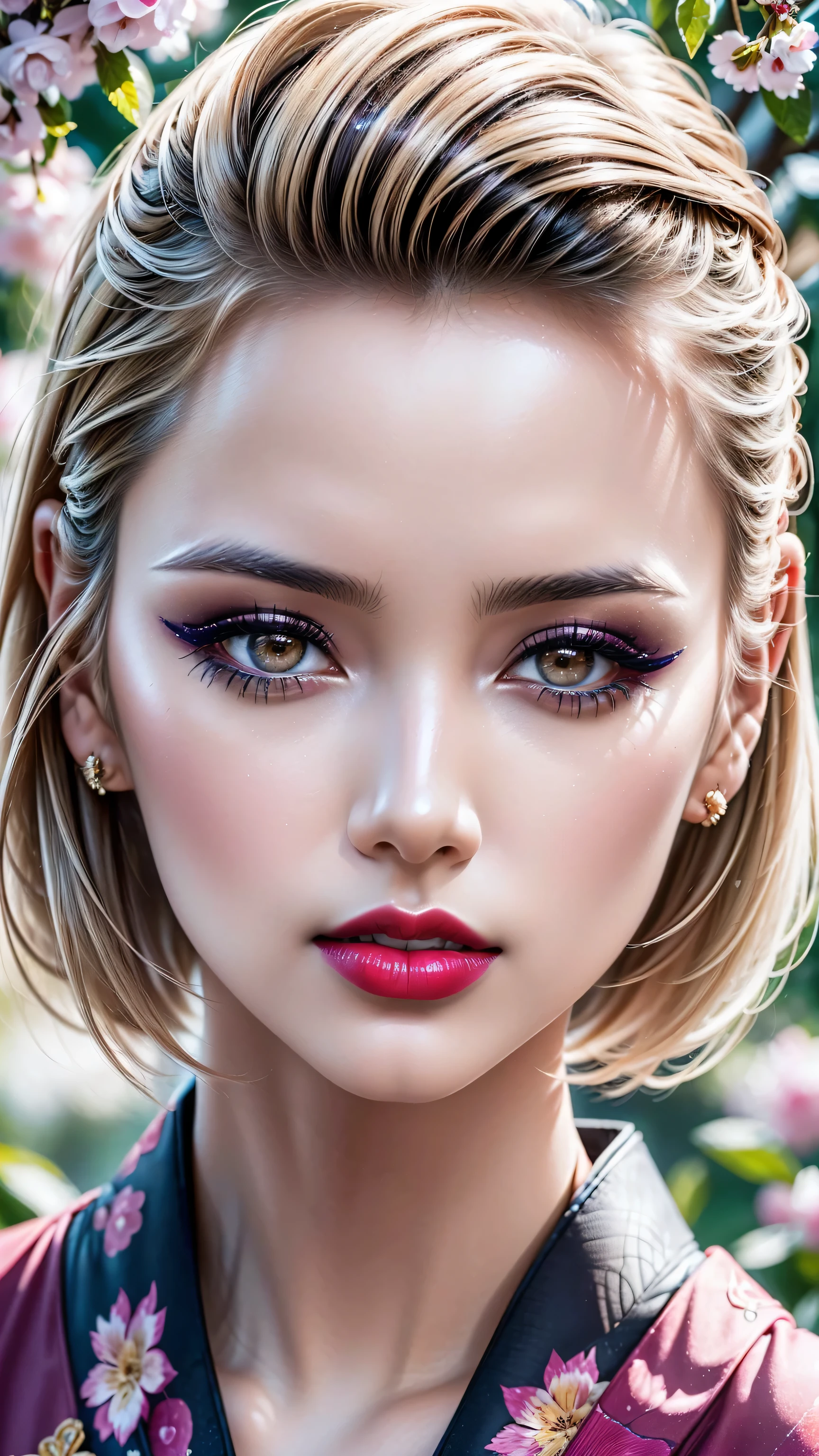 Divide Ratio : 1,1,1 Base Ratio: ((portrait)),beauty (mixed girls) in (highly detailed 32k absurd art of a ((girl 18-year-old)) ),fashion supermodel,(best high quality real texture skin:1.3),((ebony skin female:1.2)),(best quality texture hair:1.4),BREAK,((short blonde hair ((slicked to the side)) extremely detailed:1.3)),((outside,an orchard of blooming cherry trees:1.3)),(best high quality:1.4),(photo realistic:1. 5),(Hyperrealism:1.5),(sharp focus),(highest resolution),((soft neon lighting on the face and body)),(perfect proportions),(anatomically correct),(perfect female body:1.4),(firm normal full breasts:1.3),slim face,beautiful cheekbones,((slim,swell-muscled body:1.24)),(Super beautiful face),(realistic face),(highly detailed face:1.5),(ultra detailed eyes), finely detailed face,finely quality eyes,(tired and sleepy and satisfied:0.0),(close up of a woman's eye with a digital rendering),realistic eyes,perfect round eyes,finely detailed pupils,(brown_eyes:1.28),BREAK,detailed lips:1.3,pink_makeup:1.3, long_blue_eyeliner:1.35, (red_lipstick:1.32),perfect dark_eyeshadows:1.35, there a close up of a woman's, (super detailed makeup on eyes:1.3), iridescent eyes, with professional makeup, vibrant eyes:1.2, (Detailed nose:1.2),BREAK,((super extravagant ((cut kimono cute)) wear)),small head:1.4,BREAK,makeup:1.22,BREAK,/(random u%u top:1.13),/exquisite balance of shadows,perfect composition,((upper body shot:1.3)),(((look at the viewer))), Hasselblad, 50mm f/2.2