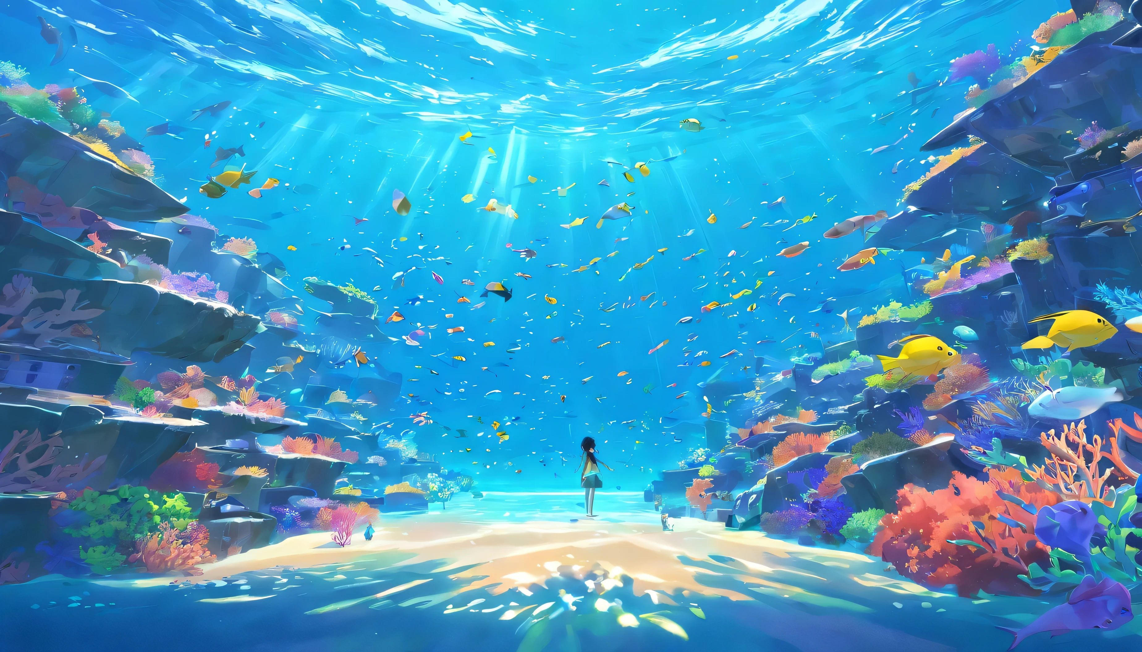 Ghibli Tranquil underwater landscape style, Colorful animated stills, Masami Teraoka, Aquamarine, Paul Gauguin, Amber Style, Honest portrayal
