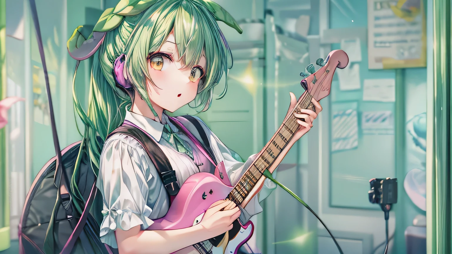 ((masterpiece, highest quality))1 girl, alone, dark green hair,eyes are yellow,white shirt,green overalls, Electric guitar, guitar, earphone, holding, guitarのピックを持っている, musical instrument, music, one side up, guitarを弾く,interior