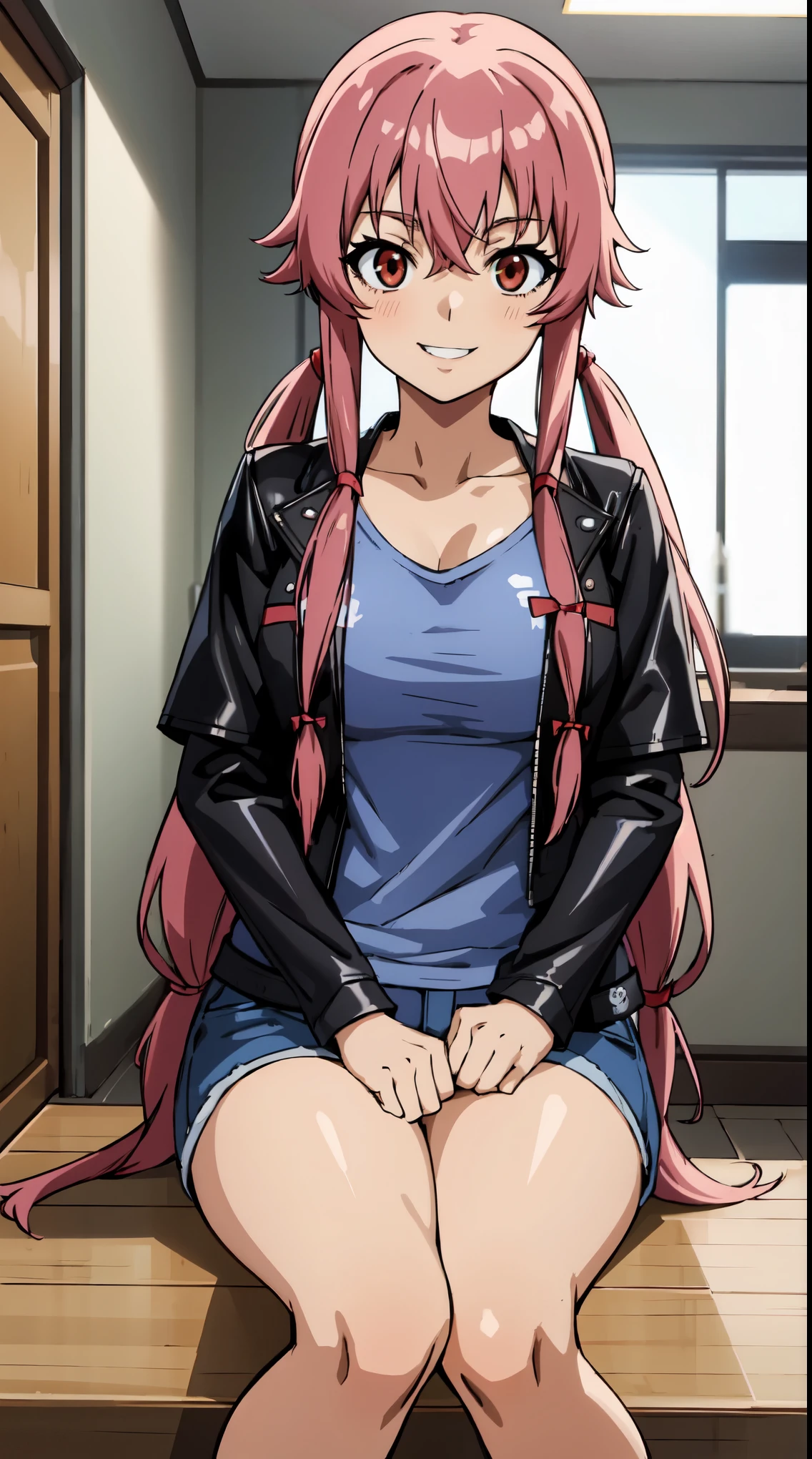 anime_still, masterpiece, best quality, 1girl, Gasai Yuno, large breasts, pink hair, long hair, solo, sitting, tiles, looking at viewer, low twintails, wearing a black choker, (wearing a black leather jacket:1.5), wearing blue jeans, wearing a black t-shirt, red eyes, ((yandere)), 23yo woman, crazy, crazy smile, crazy eyes, looking at viewer, indoors, blood, blood splatter, 