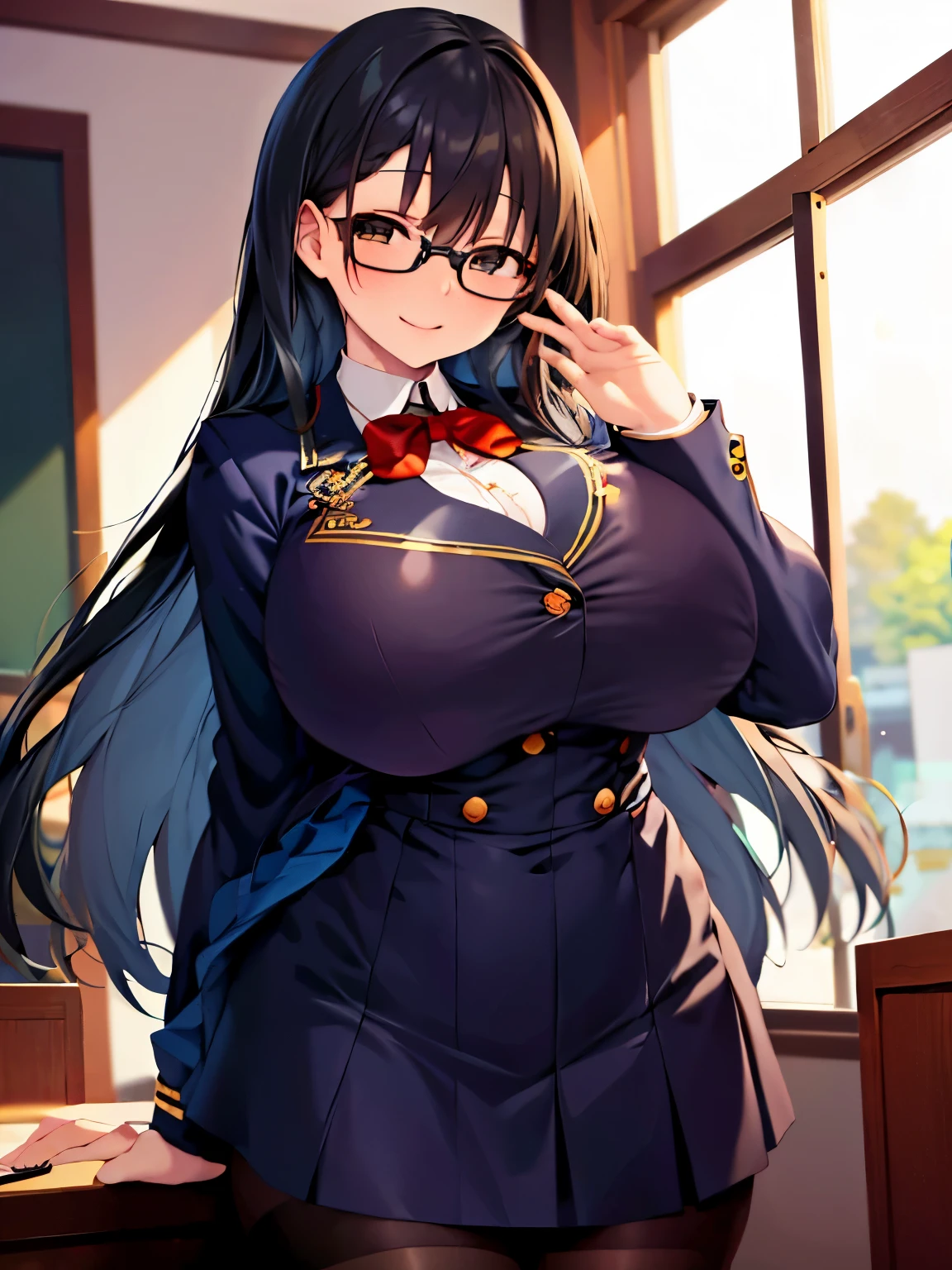 high quality,masterpiece。cute long black hair woman,Hairstyle is long straight。She stands upright with her face and body facing the viewer,true identity。her hands are empty,Both hands are not posed。she looks tall。Her breasts are huge and very big,Good style。She has a cute face that looks good with glasses and is smiling with her glasses on.,Both eye colors are brown。Clothes: dark blue school uniform,navy blue blazer,navy blue skirt。black stockings on both legs。she is standing,The place I'm standing is the classroom。