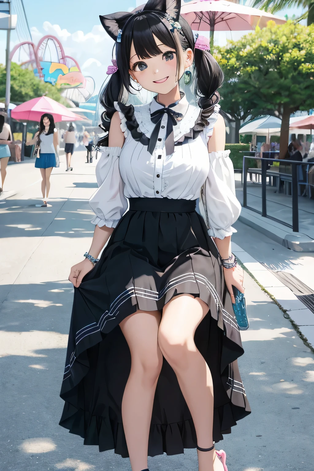 highest quality、High resolution、detailed background、I'Visiting an amusement park or theme park.、(Three beautiful 10 year old girls:1.5)、(huge breasts:1.3)、black hair braid twintails、
Peter Pan Color Blouse、ガーリーな雰囲気が漂うPeter Pan Color Blouseはカジュアルなボトムスと合わせても可愛く着こなせます、If you want to create a feminine atmosphere, A flared skirt is recommended..、Show off your cuteness by choosing a patterned or embroidered skirt、
depending on the season, Open toe sandals and flat shoes are also fashionable..、
Choose items with bright colors and ribbon or ruffle details..、
Add cute hair accessories such as hair bands or ribbon hair clips to make the whole look even cuter.、
Add a necklace or bracelet with a simple design to tighten up your outfit..、It is a good idea to choose unique accessories such as pastel colors or ones with charms.、
emphasize the chest、emphasize cleavage、Laugh playfully、smile、sexual expression、cute