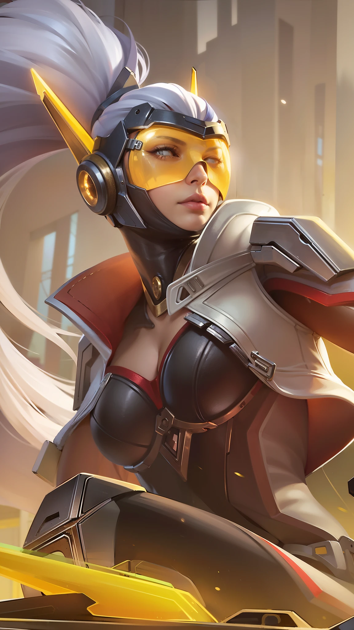 "((best quality)), ((masterpiece)), ((realistic)), Realistic, ultra-detailed portrait of futuristic woman holdings big weapon, white long hair, futuristic mask, big breast, sexy but deadly, sexy superwoman, super hero, realistic potrait, 8k, High quality, RAW photo, cinematography,