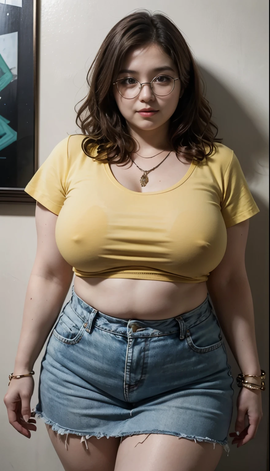 ((best quality)), ((masterpiece)), (detailed), perfect face, araffe woman in a long dark green shirt and 1/3 white denim skirt walking in black room , thicc, wavy short hair , yellow hair , she has a jiggly fat round belly, bbwchan, wearing tight simple clothes, skinny waist and thick hips, widest hips, her belly is fat and round, soft curvy shape, hyperrealistic full figure, wearing a cute top, wide hips, wearing 10 bracelet , wearing huge diamond necklace , slightly fat cheeks , glasses , fat arms