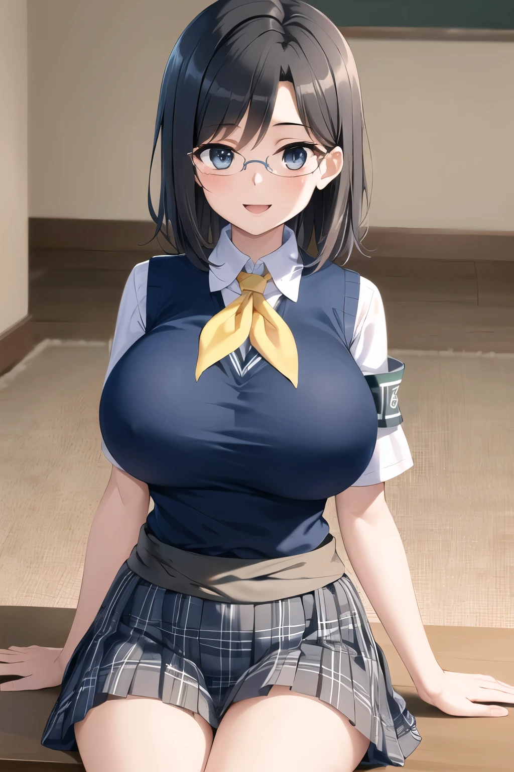 masterpiece, highest quality, High resolution, morning, short hair, black hair, blue eyes, Glasses, school uniform, yellow neckerchief, collared shirt, sweater vest, (Blue Vest:1.2), short sleeve, armband, plaid skirt, gray skirt, indoor, sitting, smile, open your mouth, waving,(big tits:1.4),slender,(thin waist:1.4)