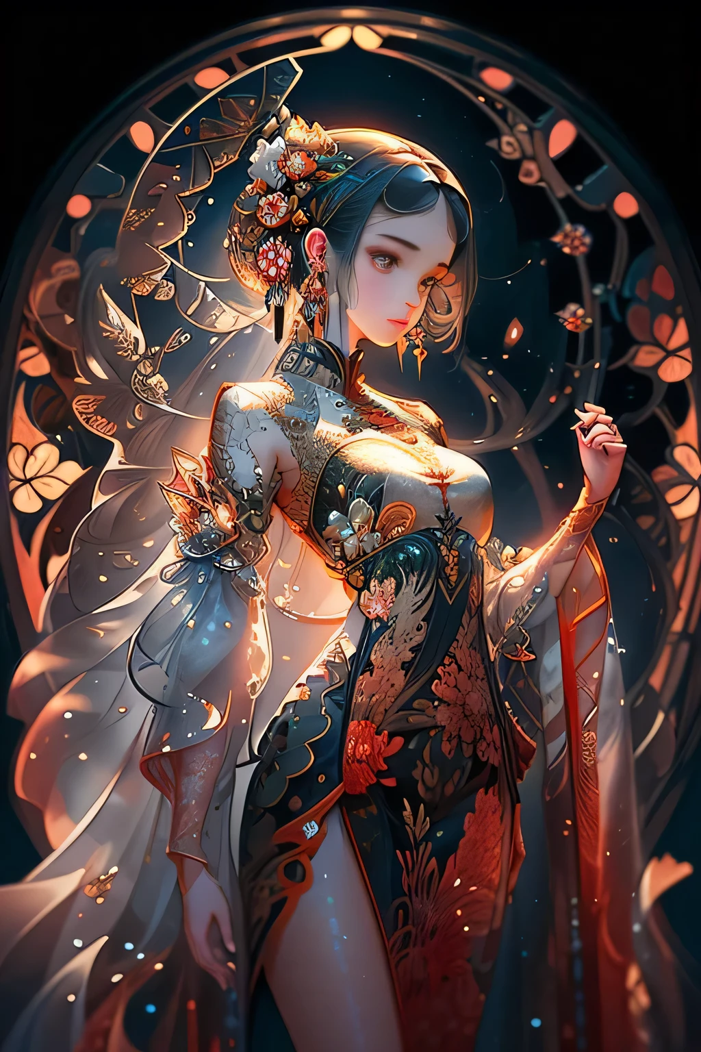Masterpiece of fractal art, best quality presentation, one girl as the central figure, intricately detailed design reminiscent of stained glass art style. No traces of low or worst quality, negative XL_D resolution. CGI rendering brings the artwork to life, textured elements adding depth and dimension. The girl, with her unique beauty, serves as the perfect canvas for this art form, her features accentuated by the intricate lines and colors. A signature and watermark gracefully accompany the piece, maintaining its authenticity. No extra limbs or distortions altered the original design.