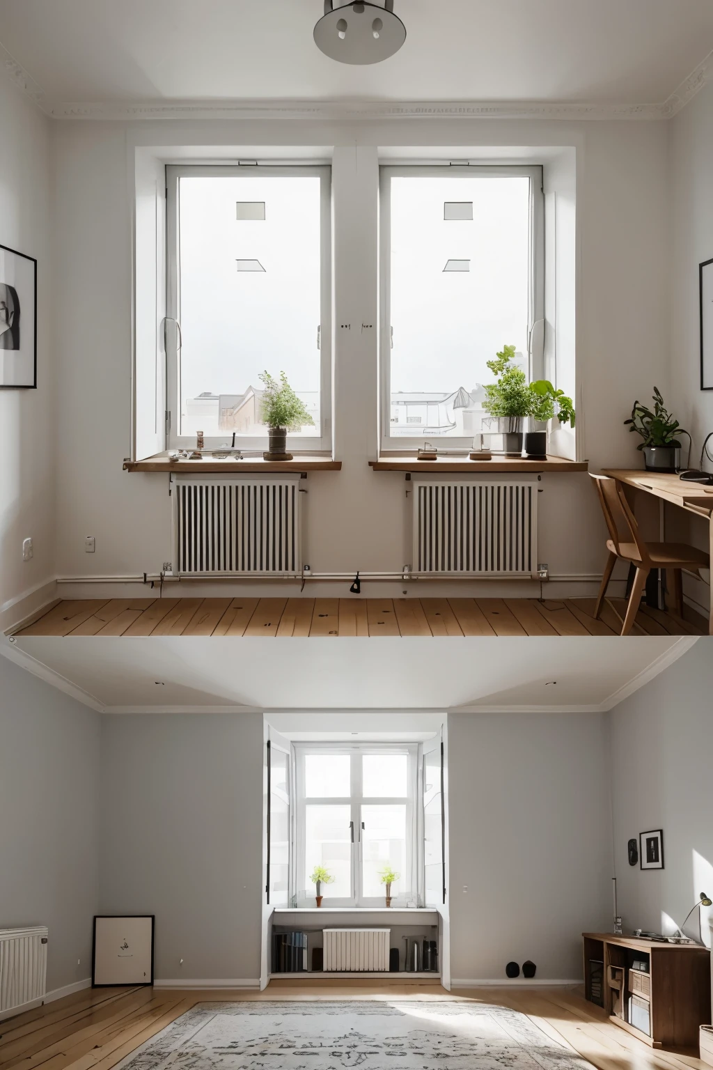 make an interior design for a room with 1 window. Scandinavian style. The room is divided into 2 zones. Grandma lives in one, the second girl is