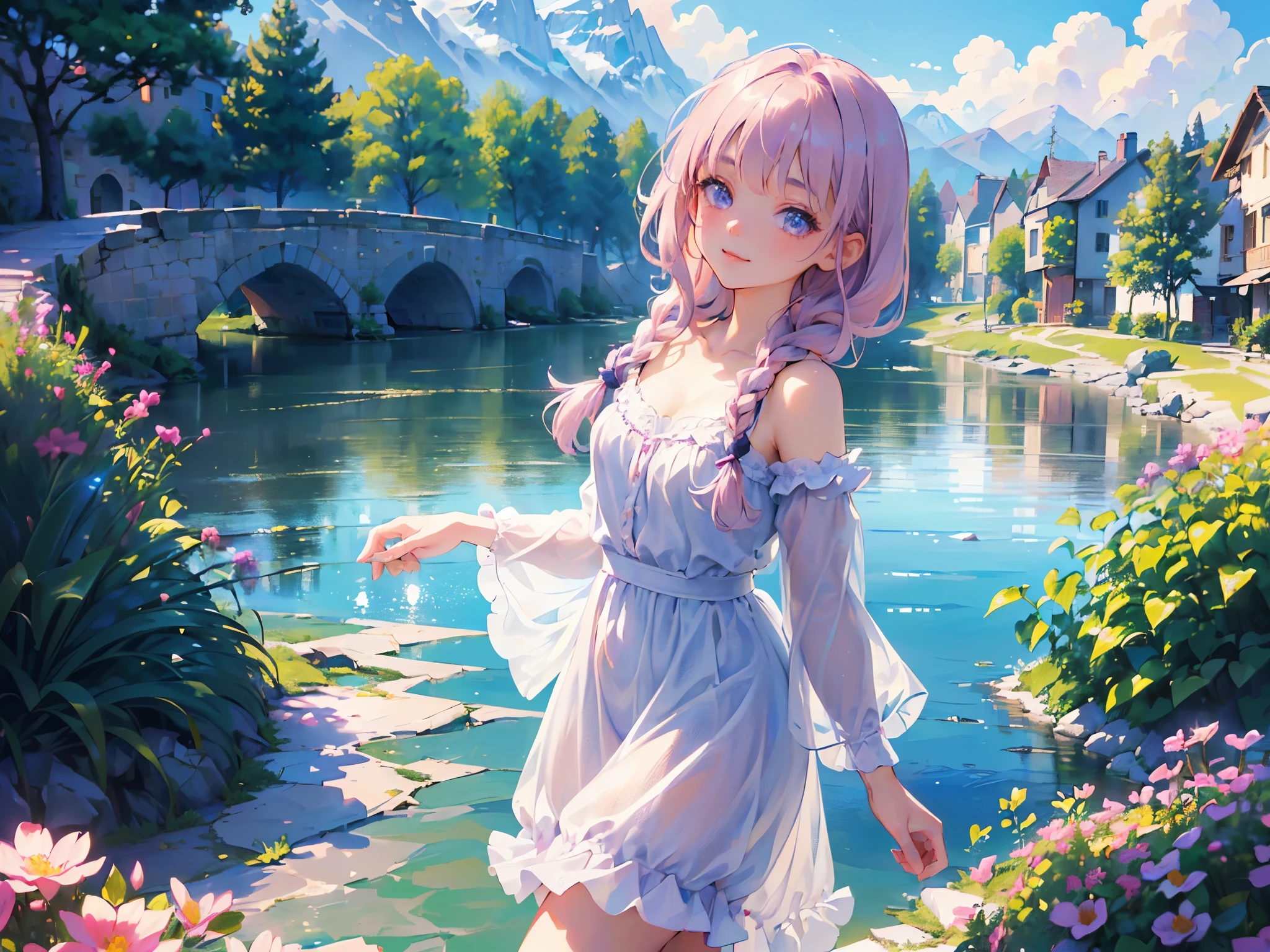 1girl, (((masterpiece))), (((best quality))), (((high resolution))), (((extremely detailed))), (((8k))), (((extremely lovely and delicately and naturally detailed elegant girl))), (((exteremely detailed eyes))), (((detailed soft light))), (((silky pink mix purple hair))), (((long braided hair))), (((warm cute beautiful casual outdoor clothing))), (cute hair ribbons), (shoulder), (cleavage), (((walking in a beautiful village))), ((beautiful and detailed mountain in the background of the village)), (sunny), (sunlight), (shades), (soft shadow), (clouds) (tree), (bush), (beautiful grass), (flowers), (river), (small bridge across the village), (feminine pose), (sweet smile), ((modelshoot style)), ((full shot)), ((dynamic angle)), ((cinematic)), ((85mm)), ((hdr))