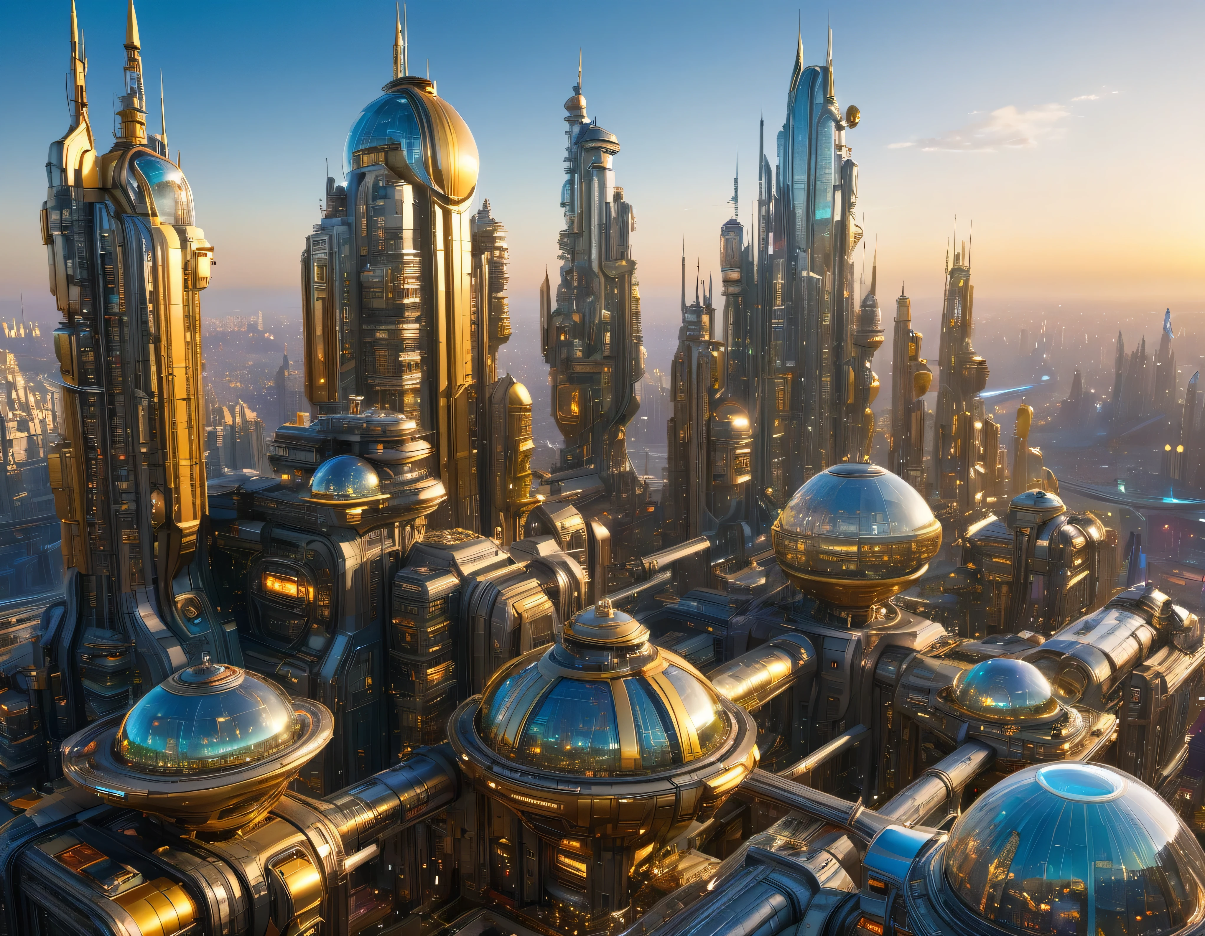 (golden hour lighting), megacity, megalopolis of an imaginary world of science fiction , parecido a una disneylandia futurista, and maximum fantasy, con inmensos edificios y rascacielos ovalados y dodecaedricos agrupados de metal y cristal donde predomina la plata y los anuncios luminosos de colores. imagen bien definida 8k, (intrincados detalles de la maquina), con muchos edificios juntos.(obra maestra de superior calidad).(imagen fotorrealista), nitidez absoluta hasta el fondo