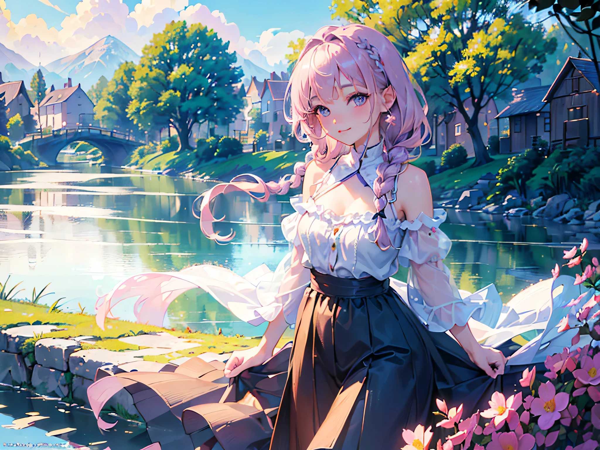 1girl, (((masterpiece))), (((best quality))), (((high resolution))), (((extremely detailed))), (((8k))), (((extremely lovely and delicately and naturally detailed elegant girl))), (((exteremely detailed eyes))), (((detailed soft light))), (((silky pink mix purple hair))), (((long braided hair))), (((warm cute beautiful casual outdoor clothing))), (cute hair ribbons), (shoulder), (cleavage), (((walking in a beautiful village))), ((beautiful and detailed mountain in the background of the village)), (sunny), (sunlight), (shades), (soft shadow), (clouds) (tree), (bush), (beautiful grass), (flowers), (river), (small bridge across the village), (feminine pose), (sweet smile), ((modelshoot style)), ((full shot)), ((dynamic angle)), ((cinematic)), ((85mm)), ((hdr))