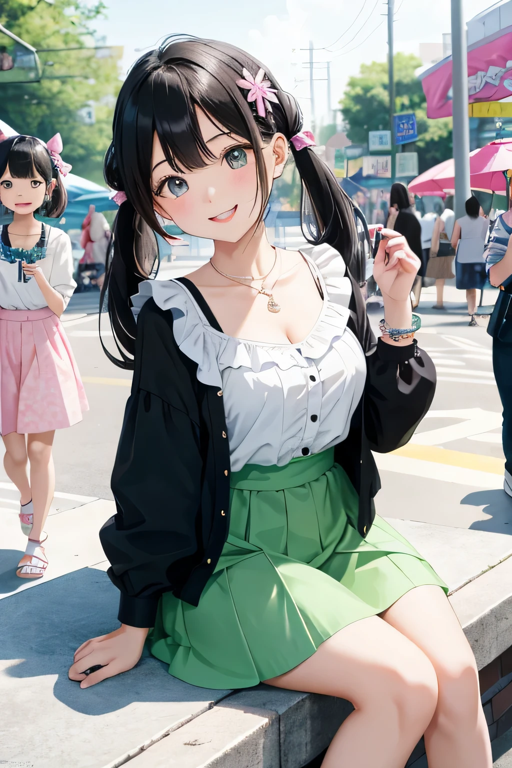 highest quality、High resolution、detailed background、I'Visiting an amusement park or theme park.、(Three beautiful 10 year old girls:1.5)、(huge breasts:1.3)、black hair braid twintails、
Peter Pan Color Blouse、ガーリーな雰囲気が漂うPeter Pan Color Blouseはカジュアルなボトムスと合わせても可愛く着こなせます、If you want to create a feminine atmosphere, A flared skirt is recommended..、Show off your cuteness by choosing a patterned or embroidered skirt、
depending on the season, Open toe sandals and flat shoes are also fashionable..、
Choose items with bright colors and ribbon or ruffle details..、
Add cute hair accessories such as hair bands or ribbon hair clips to make the whole look even cuter.、
Add a necklace or bracelet with a simple design to tighten up your outfit..、It is a good idea to choose unique accessories such as pastel colors or ones with charms.、
emphasize the chest、emphasize cleavage、Laugh playfully、smile、sexual expression、cute