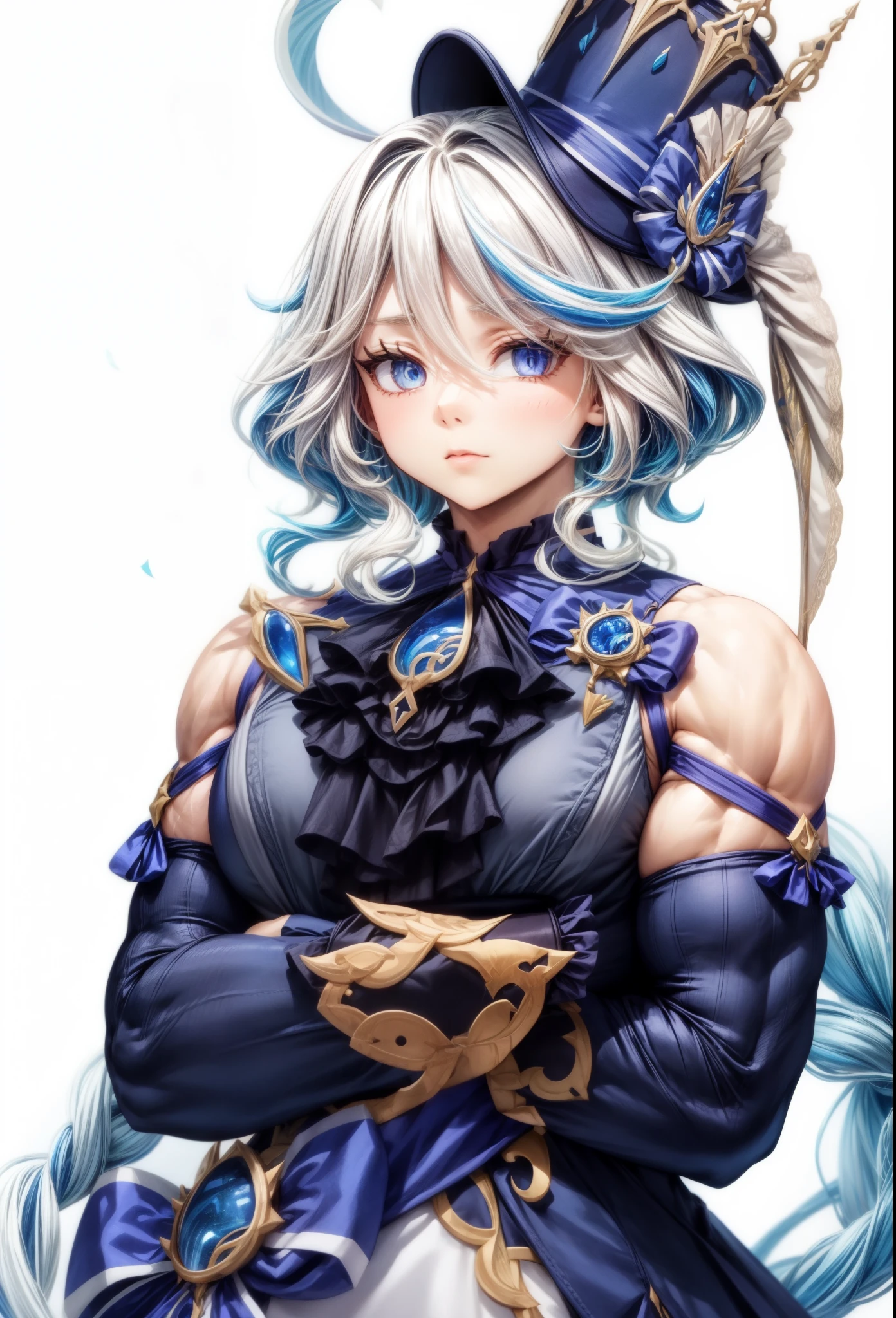 , best quality,girl, furina (genshin impact),biceps, muscular ,alternate muscle size,,upper body,dress, thick arms, broad shoulders, pecs,