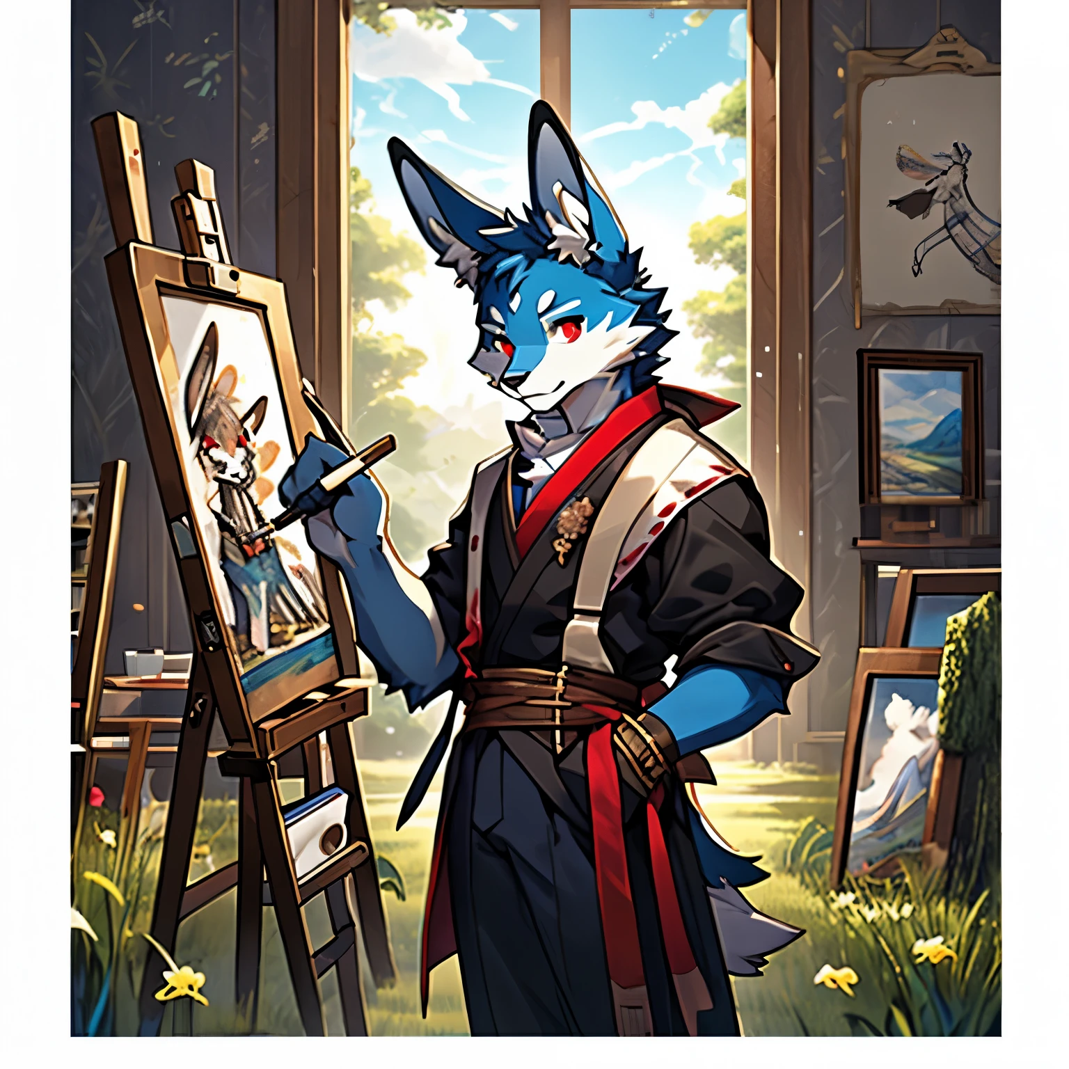 4k, actual, high detail, super detailed, fashionable clothing bunny，Long-eared rabbits，blue fur，red eyes，Slender figure，painter，Hold a brush in hand，In front of me is a drawing board，The background is the field