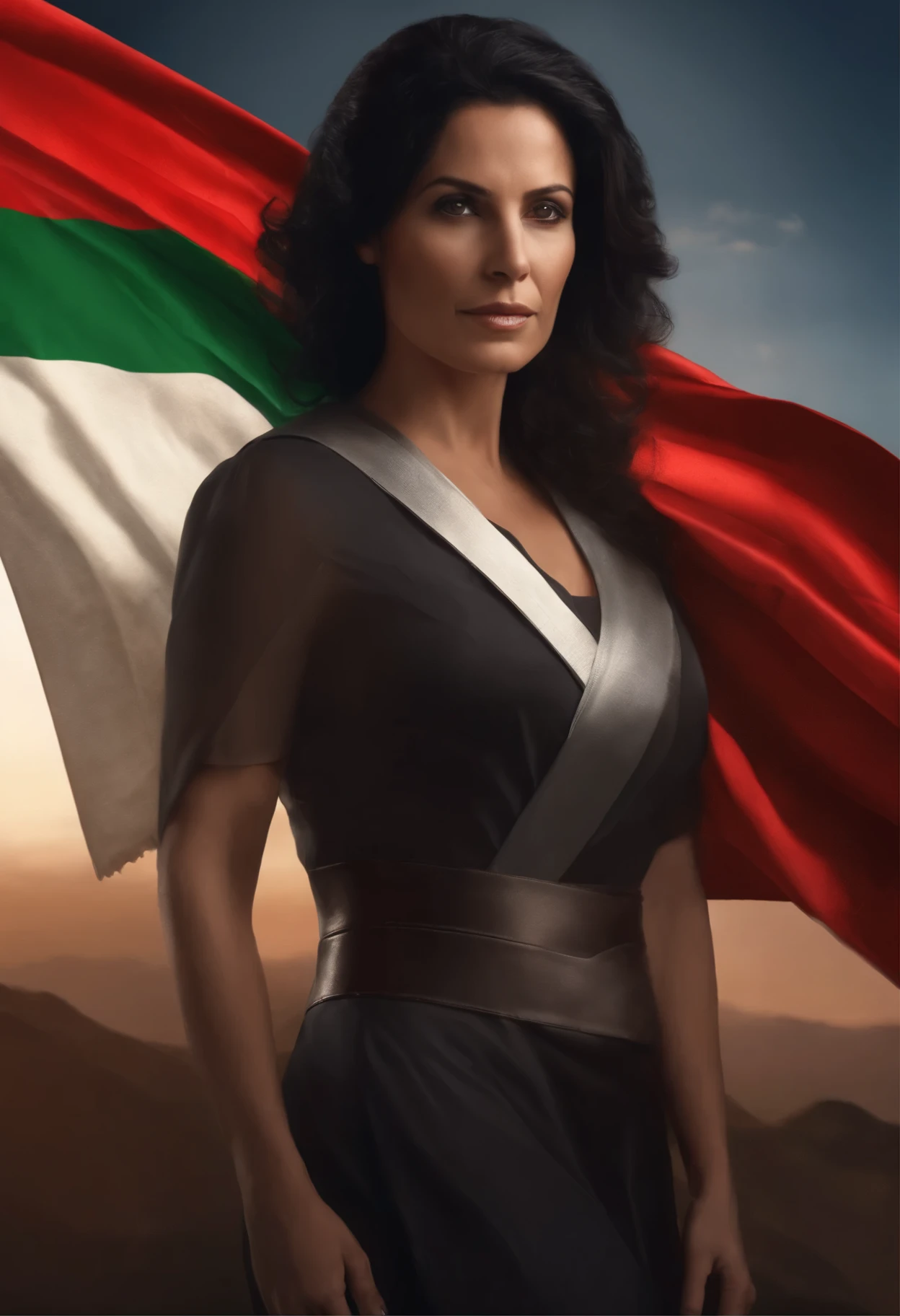 Middle-aged woman wrapped with the Portuguese flag, brown eyes, shoulder-length black hair, ultra-realism, defined features