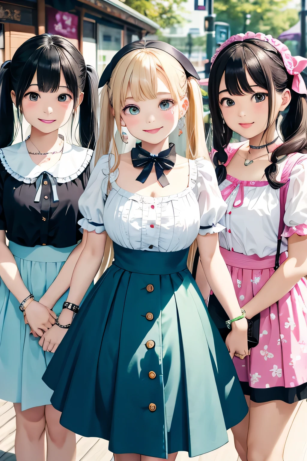 highest quality、High resolution、detailed background、beautiful and detailed face、beautiful and smooth skin、skin texture、I'Visiting an amusement park or theme park.、(Three beautiful girls:1.5)、(huge breasts:1.3)、black hair braid twintails、
Peter Pan Color Blouse、ガーリーな雰囲気が漂うPeter Pan Color Blouseはカジュアルなボトムスと合わせても可愛く着こなせます、If you want to create a feminine atmosphere, A flared skirt is recommended..、Show off your cuteness by choosing a patterned or embroidered skirt、
depending on the season, Open toe sandals and flat shoes are also fashionable..、
Choose items with bright colors and ribbon or ruffle details..、
Add cute hair accessories such as hair bands or ribbon hair clips to make the whole look even cuter.、
Add a necklace or bracelet with a simple design to tighten up your outfit..、It is a good idea to choose unique accessories such as pastel colors or ones with charms.、The pose of putting your hands together in front of your chest can create a cute and tense feeling.、cute仕草、emphasize the chest、emphasize cleavage、Laugh playfully、smile、sexual expression、cute