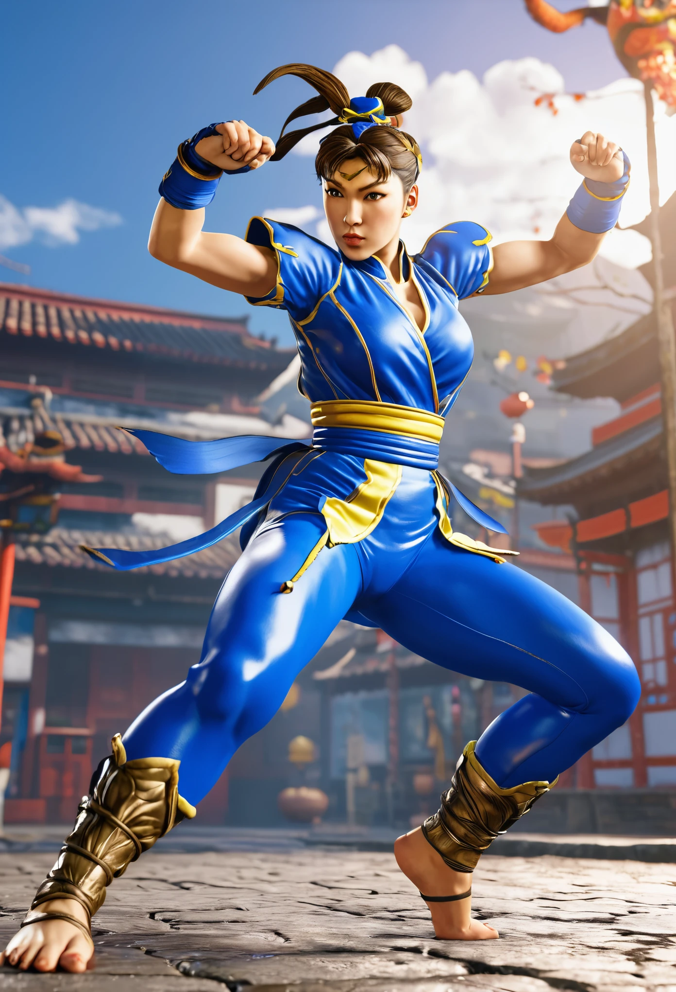 Street Fighter Chun-Li 8k high-definition ultra-clear full-body background dragon tall figure yoga clothes jumping high Unreal Engine