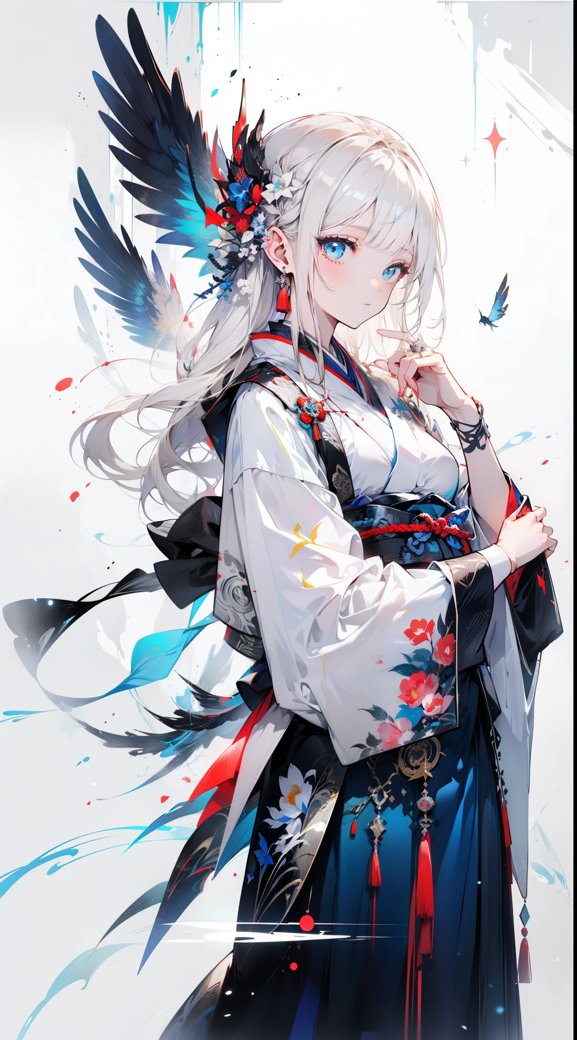 White background, blue skirts,Solo-Frau, Allein, (Kniend), (Kniend on white glass surface), (Minimum, winzig), (White background), (Hexen Hut), Locken, Betrachter betrachten, im Panoramablick, Weitblick, Beginnend mit der Nacht der Arche, Beliebte Themen auf artstation pixiv, Arknight, Digitale Kunst auf Pixiv,Onmyoji detaillierte Kunst, Japanische Anime-Fantasy-Illustrationen, Autor:Helden, Anime-Kunst-Hintergrundbild 8 K, Himmelshexe, Pixiv-Stil, Anime-Kunst-Hintergrundbild 4k, Anime-Kunst-Hintergrundbild 4k, (saubere Kulisse), Stil der Tuschemalerei,saubere Farbe,entscheidende Einschnitte,Large areas of white space, Ein Leerzeichen, der Raum,tMeisterwerk, Super raffiniert,Episches Werk,high quality,best quality,4K, blonde hair, long hair