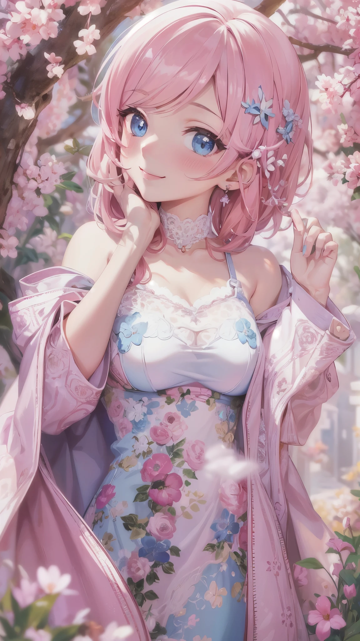 perfect anatomy, masterpiece:1.2, best quality, 8k, beautiful detailed grow, daydreaming expression:1.4, Precise and unmatched illustrations:1.3, (solo bob pink hair cute girl, cute blue eyes, lovely smile, bigboobs), in a Spring coat, break, in the enchanted garden.