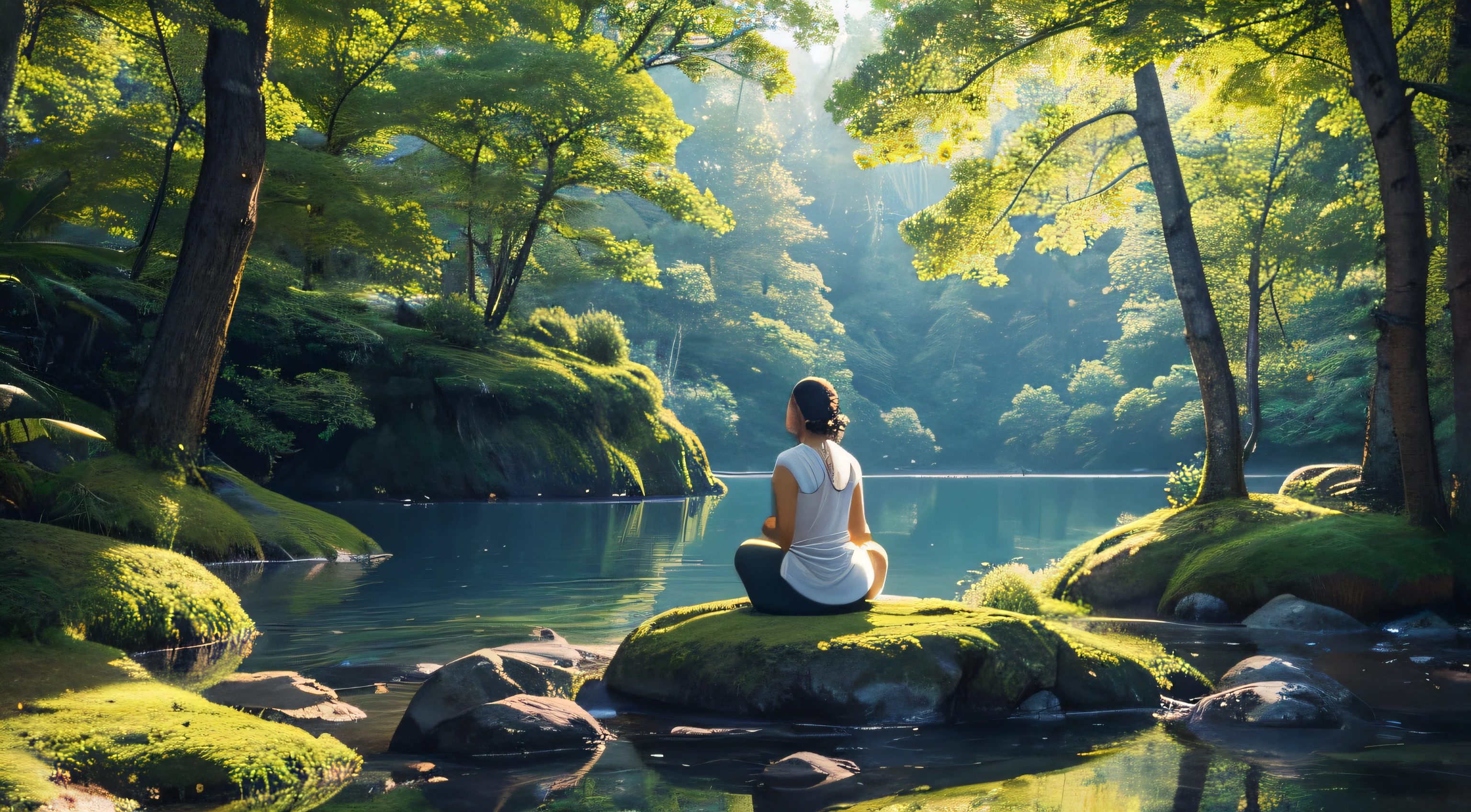 In a calm atmosphere, a person is sitting in deep meditation, their faces were calm and calm, Create an aura of tranquility. The energy of gratitude pulsates within them., They look back on the richness of their lives.、. Feel the intimacy and connection with the universe, they find solace in the ground beneath them. their deep, Calm breathing radiates waves of peace and joy, Inject a clear sense of gratitude and positivity into those around you.