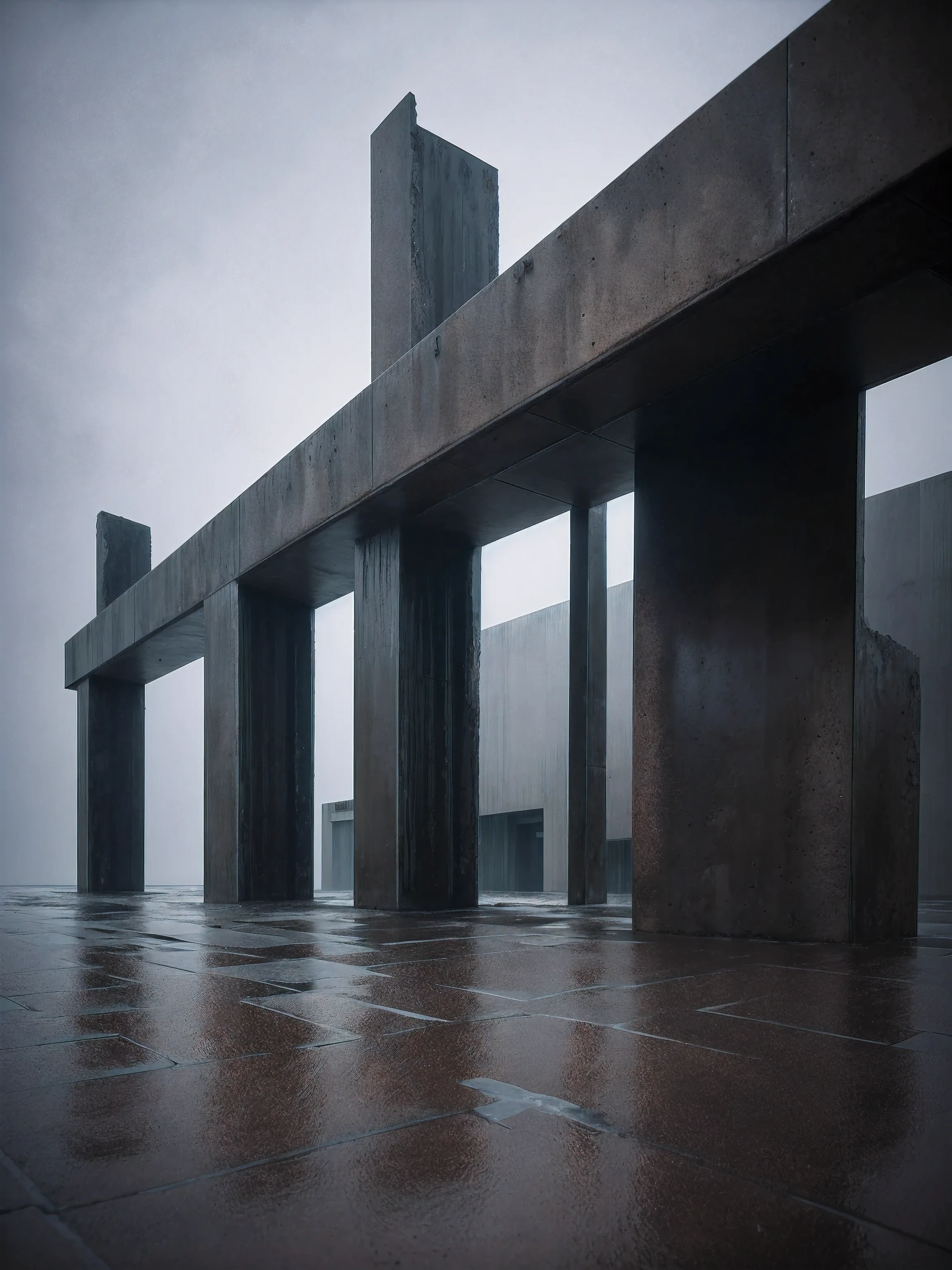 An abstract sculpture representing the loss of memory and the passing of time, with elements evoking burning spaceships and driving rain.
Modern sculpture
Style: Brutalism, kinetic
Inspirations: Richard Serra, Antony Gormley
Camera: 35mm
Shot: Wide angle, bottom up
Rendering details: Oxidised metal surface, sculpted rain falling on structure