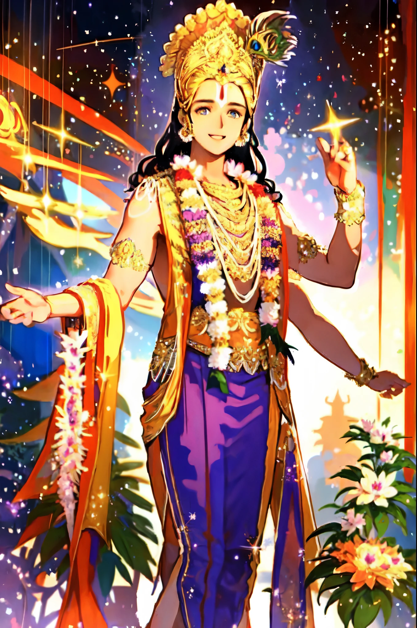 1boy, srj as krishna, golden crown with peacock feather, flower garland, handsome face, standing tall and handsome, charismatic face, colorful flower garden behind, smile, golden costume, sparkle background,