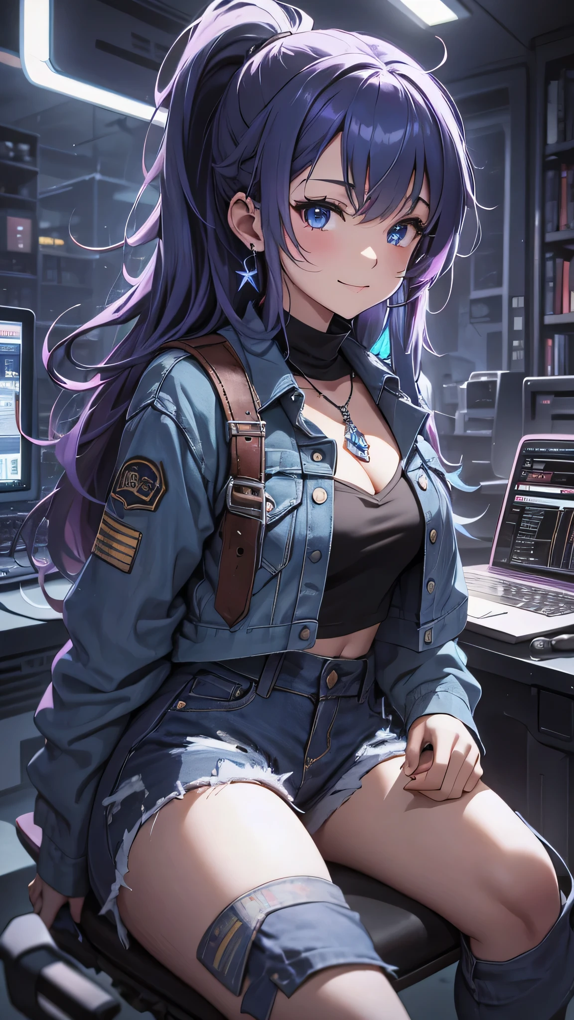 最high quality、best image quality、masterpiece、girl((20-year-old、 By becoming、vest bust、medium bust,wide open breast tea、shining eyes, neon hair、long hair、thin,highest valley、ponytail、Damaged Denim Shorts、black navel shirt、Damaged Denim Jacket、smile、full body tattoo,diamond earrings、Wristband、necklace,sit on a chair、typing)),high quality、beautiful art、background((Hacker Room、server room、neon lighting、computer stand、Laptop))、Flight、debris flies、Depth of written boundary、movie、visual art、perfect art、8k,genuine、
