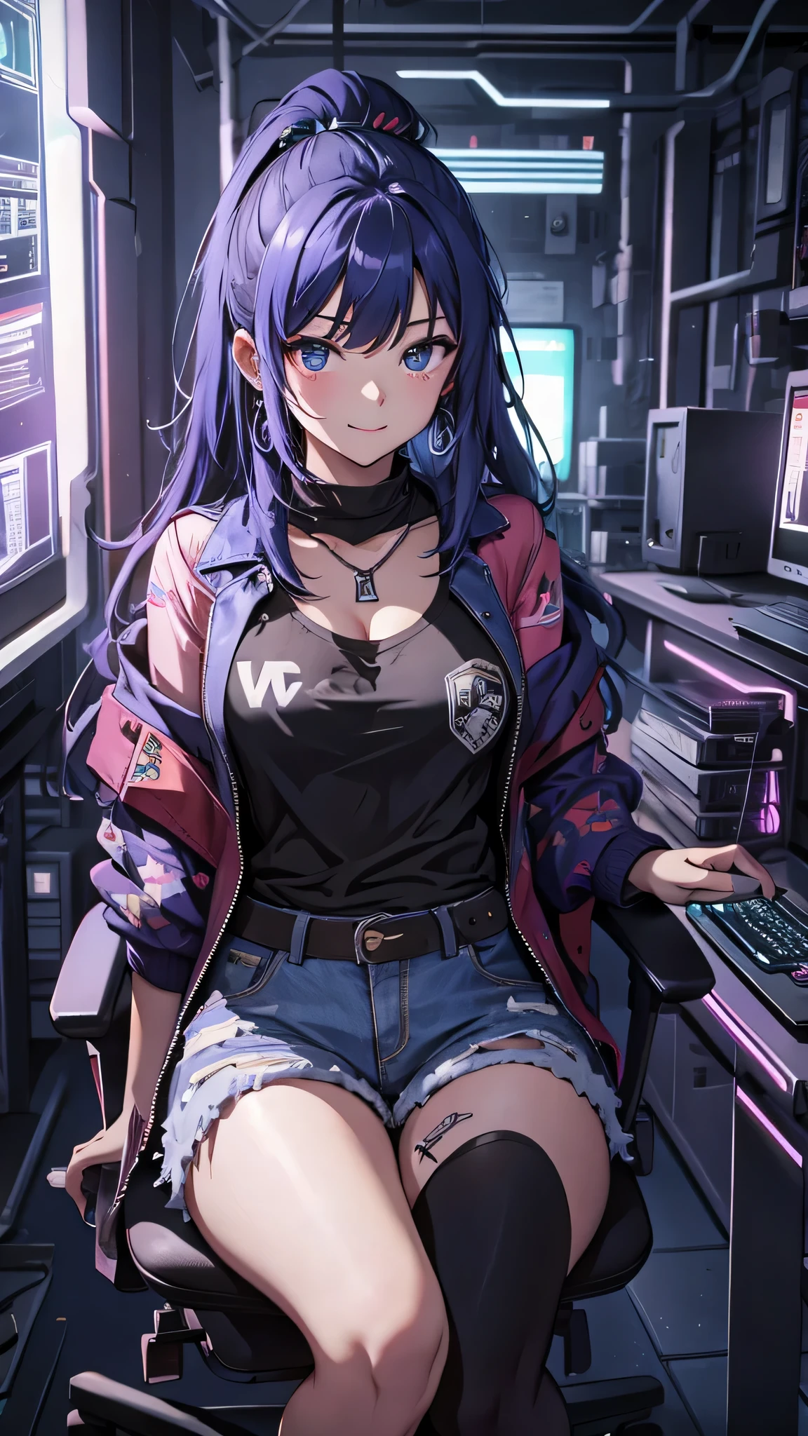 最high quality、best image quality、masterpiece、girl((20-year-old、 By becoming、vest bust、medium bust,wide open breast tea、shining eyes, neon hair、long hair、thin,highest valley、ponytail、Damaged Denim Shorts、black navel shirt、Damaged Denim Jacket、smile、full body tattoo,diamond earrings、Wristband、necklace,sit on a chair、typing)),high quality、beautiful art、background((Hacker Room、server room、neon lighting、computer stand、Laptop))、Flight、debris flies、Depth of written boundary、movie、visual art、perfect art、8k,genuine、
