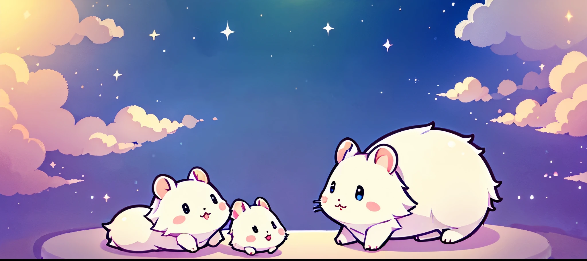 A white hamster is lying on an empty bed, cute digital art, cute eyes of dream animals, A fairyland lying on the white clouds,Are sleeping, dreamy night, cute detailed digital art, sky, Sweet dreams, adorable digital paintings, profile photo,, beautiful and cute, hd wallpaper, nice and cute