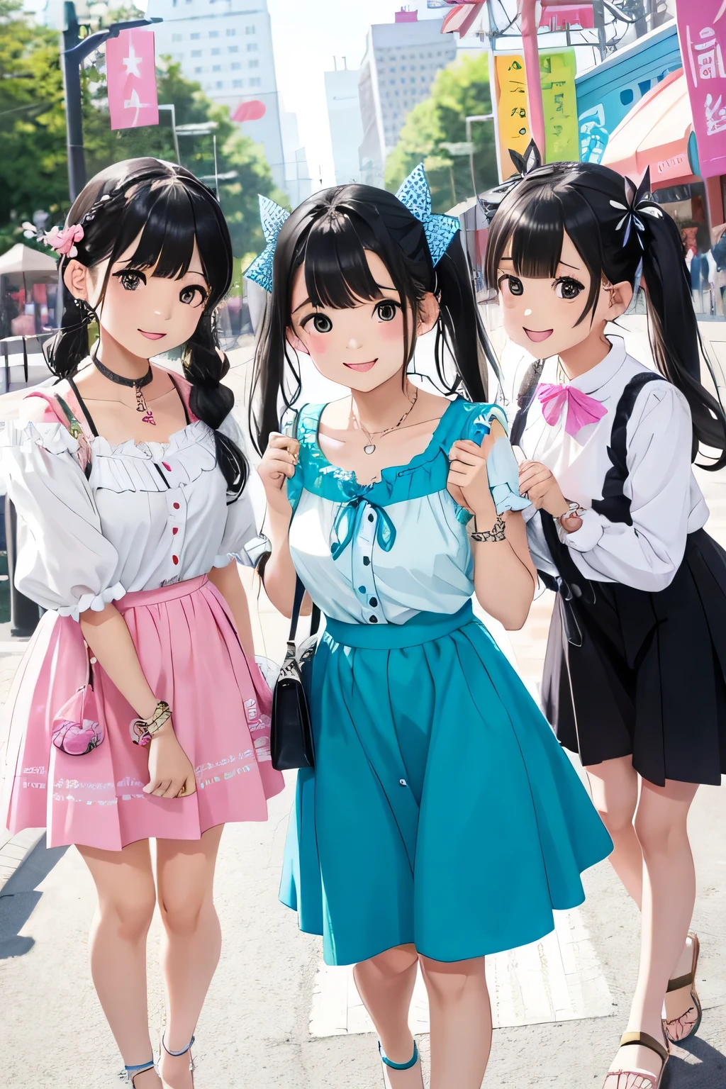 highest quality、High resolution、detailed background、I&#39;Visiting an amusement park or theme park.、(Three beautiful  girls:1.5)、(huge breasts:1.3)、black hair braid twintails、
Peter Pan Color Blouse、ガーリーな雰囲気が漂うPeter Pan Color Blouseはカジュアルなボトムスと合わせても可愛く着こなせます、If you want to create a feminine atmosphere, A flared skirt is recommended..、Show off your cuteness by choosing a patterned or embroidered skirt、
depending on the season, Open toe sandals and flat shoes are also fashionable..、
Choose items with bright colors and ribbon or ruffle details..、
Add cute hair accessories such as hair bands or ribbon hair clips to make the whole look even cuter.、
Add a necklace or bracelet with a simple design to tighten up your outfit..、It is a good idea to choose unique accessories such as pastel colors or ones with charms.、
emphasize the chest、emphasize cleavage、Laugh playfully、smile、sexual expression、cute
