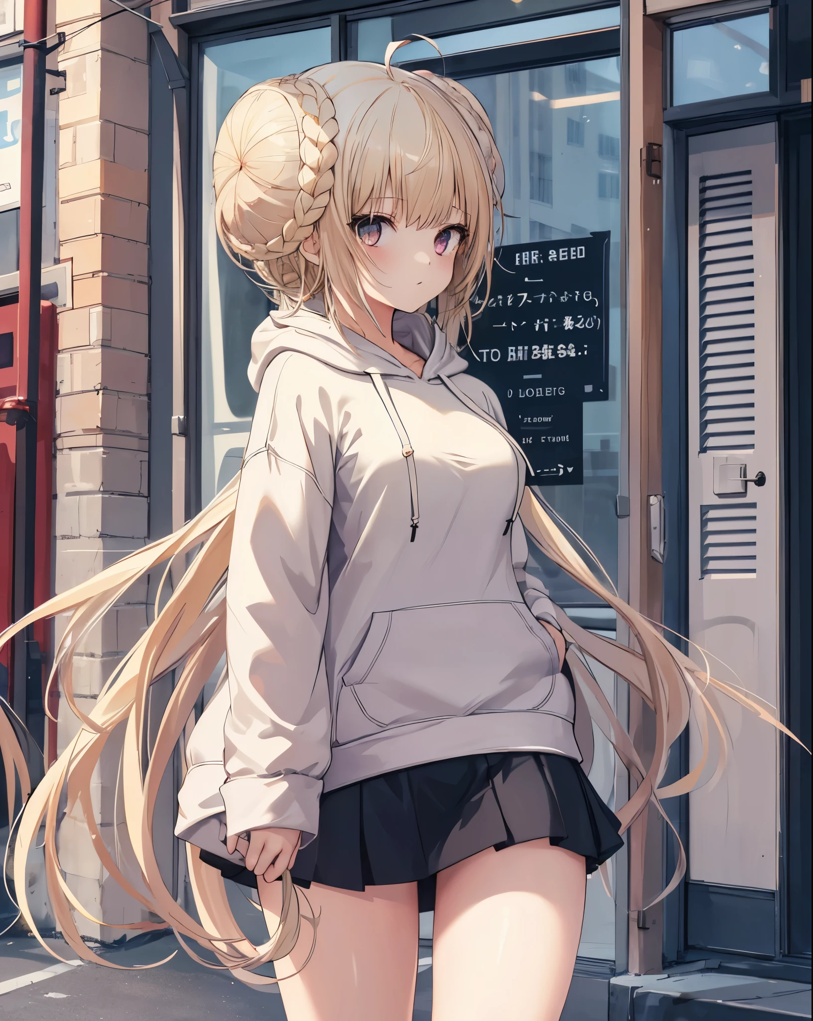 1girl,(hoodie:1.3),medium breasts,  outside,Street,Building, Cowboy-Schuss, blonde hair, kawaii, short skirt