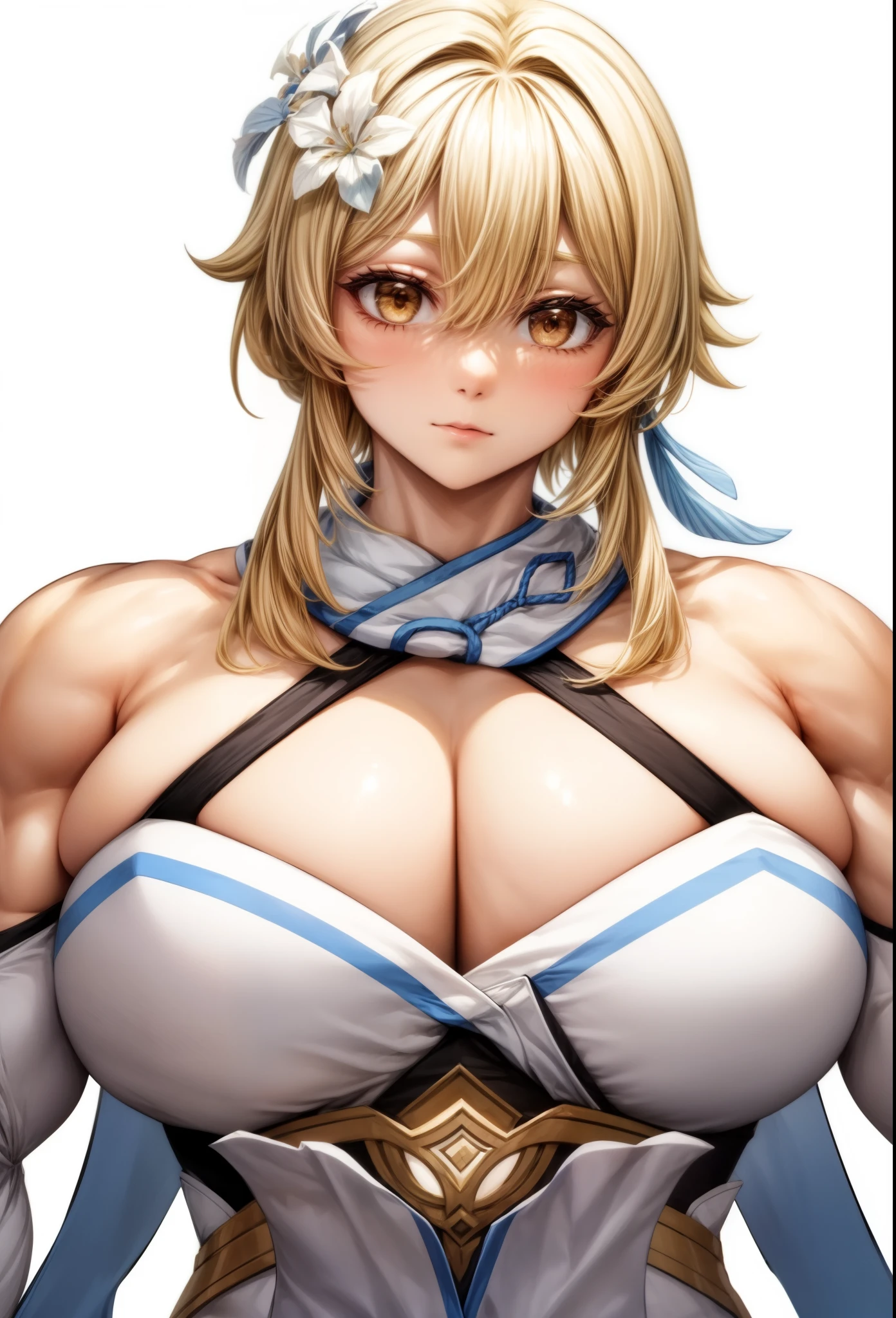 , best quality,girl, furina (genshin impact),biceps, muscular ,alternate muscle size,,upper body,dress, thick arms, broad shoulders, pecs,