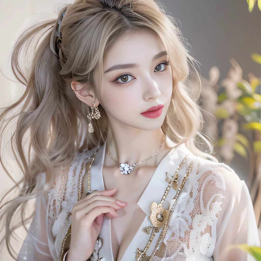 (8k)、(best image quality:1.5)、gray background、close up of face、1girl、masterpiece、delicate and sharp eyes、brown eyes、eye power、delicate face、cup、fascinating face、platinum blonde hair、Semi-long wave、chinese cheongsam、white cheongsam、Chinese dress that shows the collarbone、gal、Emphasis on the clavicle、earrings、necklace、