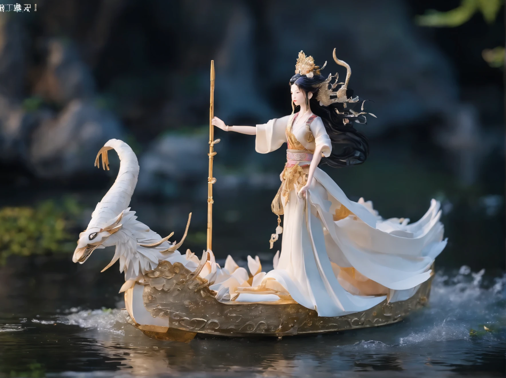 anime girl in a white dress floating in the water with a boat, xianxia fantasy, goddess of the moon, a beautiful fantasy empress, by Yang J, chinese fantasy, beautiful maiden, queen of the sea mu yanling, moon goddess, lunar goddess, flowing magical robe, beautiful celestial mage, by Leng Mei, ((a beautiful fantasy empress))