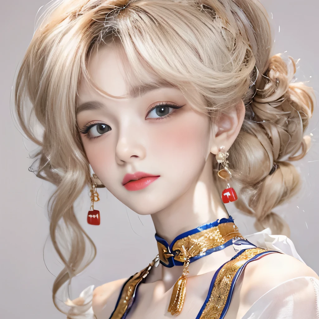 (8k)、(best image quality:1.5)、gray background、close up of face、1girl、masterpiece、delicate and sharp eyes、brown eyes、eye power、delicate face、cup、fascinating face、platinum blonde hair、Semi-long wave、chinese cheongsam、white cheongsam、Chinese dress that shows the collarbone、gal、Emphasis on the clavicle、earrings、necklace、