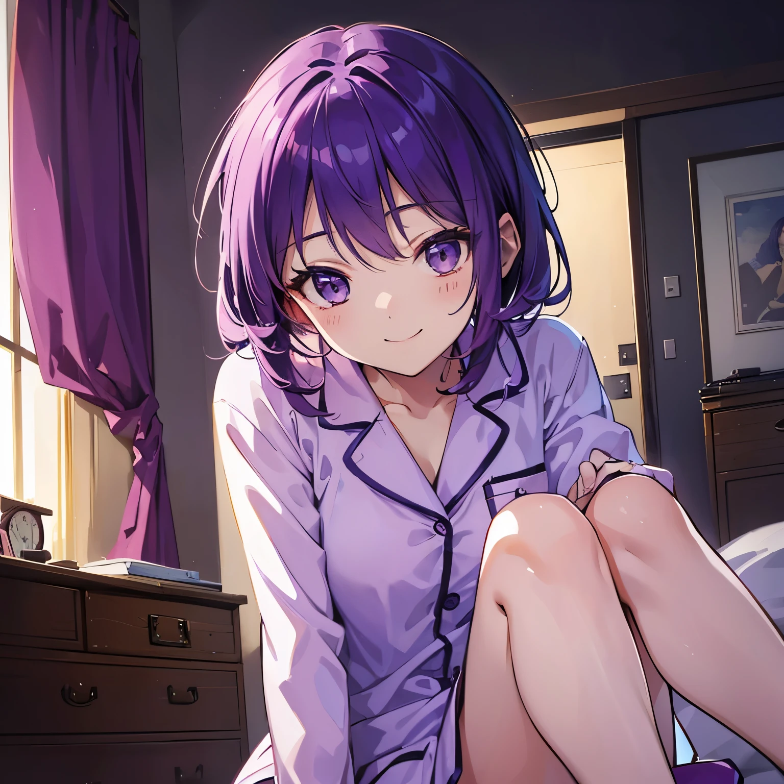 (T Masterpiece，4k wallpaper，best quality))、((girl１people))、(solo)、Shining and vivid，(purple hair)、(shortcut:1.3)、smile、Bedroom、pajamas、night