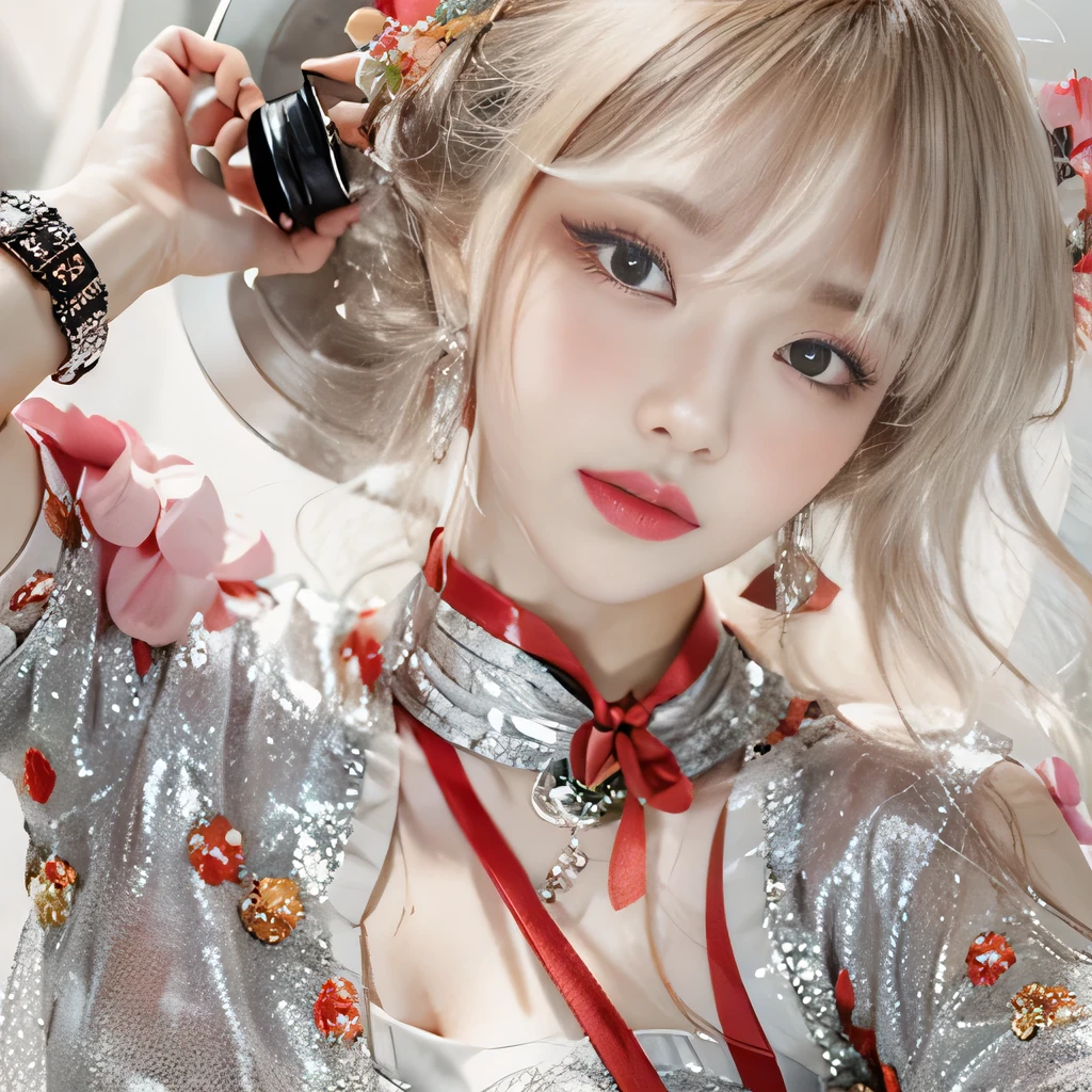 （8k）、（best image quality:1.5）、gray background、close up of face、１girl、masterpiece、delicate and sharp eyes、brown eyes、eye power、delicate face、cup、fascinating face、platinum blonde hair、Semi-long wave、chinese cheongsam、white cheongsam、Chinese dress that shows the collarbone、gal、Emphasis on the clavicle、earrings、necklace、