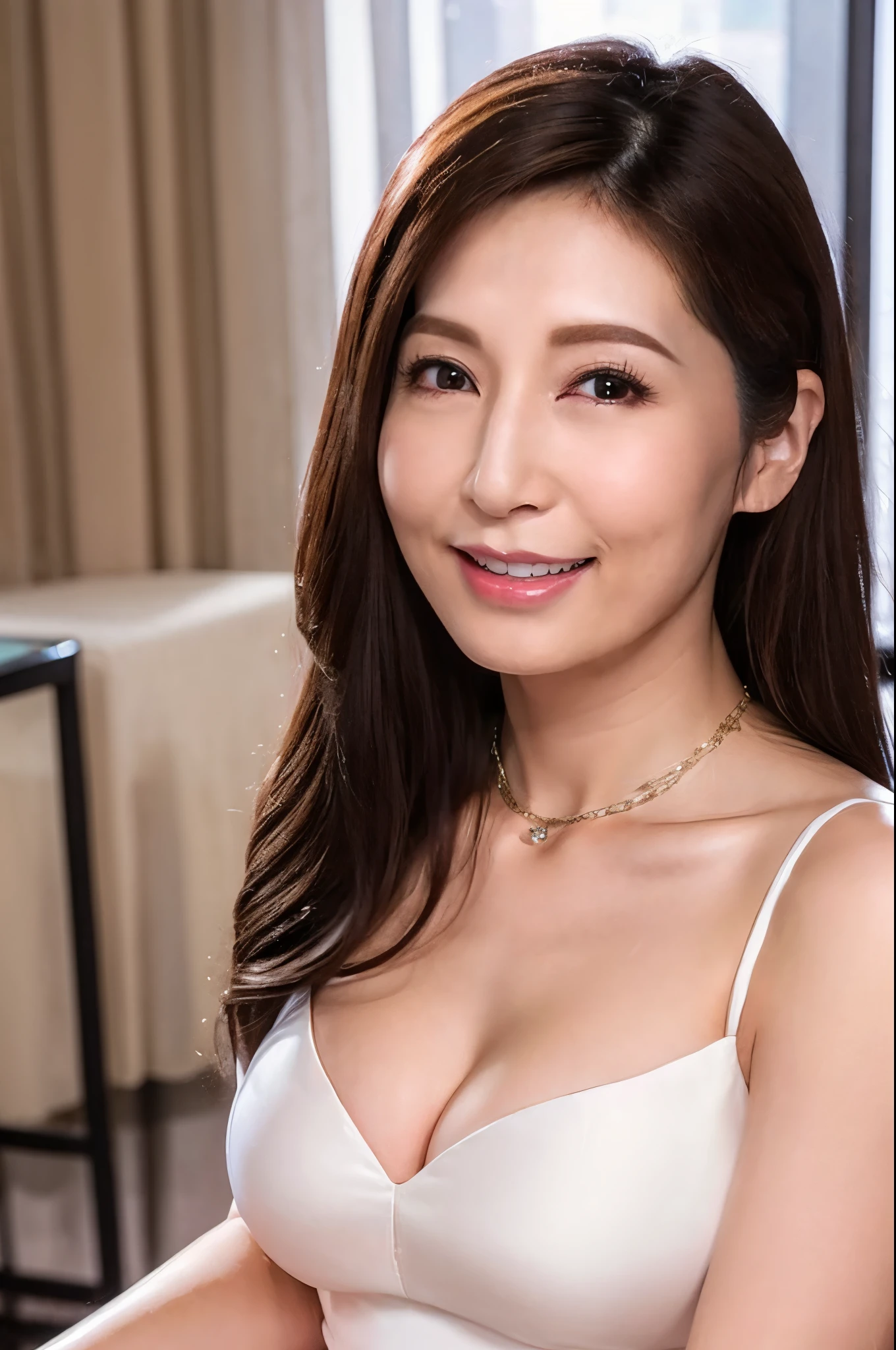 (masterpiece, highest quality), japanese mature, (alone), 60 years old, (wrinkles around the eyes:1.45), (Nasolabial fold at the mouth:1, big breasts, mature woman, Glamour, Sexy, pure white skin, looking at the viewer、(((super big breasts:1.28)))、long hair、small diamond necklace、earrings、(((party dress)))、high heels、smile、Public place、cross your legs、sit on a chair、full body photo、