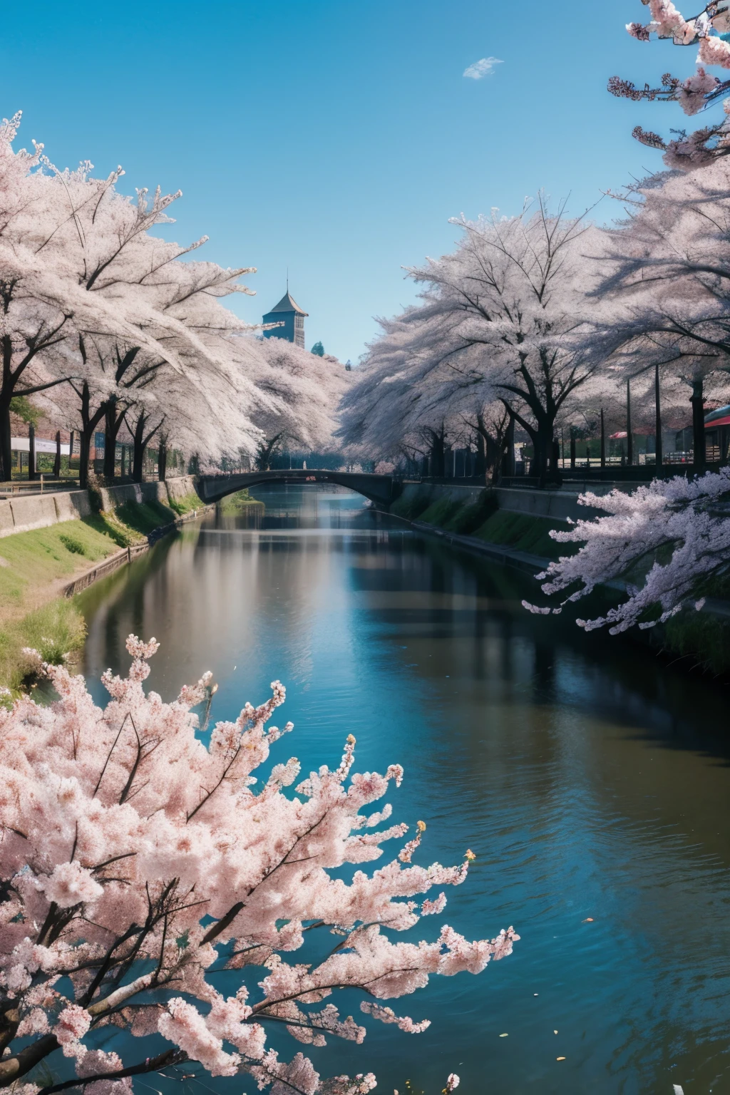 cherry blossom trees in a fantasy city