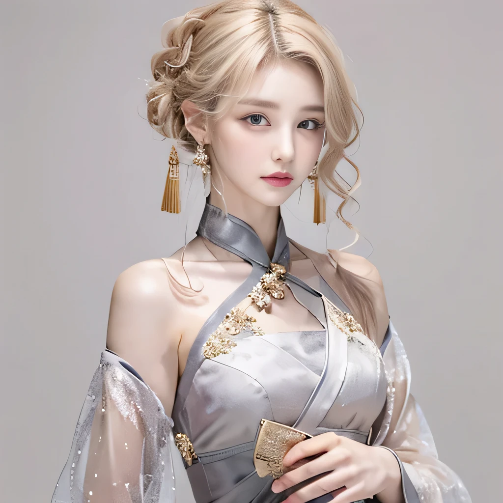 (8k)、(best image quality:1.5)、gray background、close up of face、1girl、masterpiece、delicate and sharp eyes、brown eyes、eye power、delicate face、cup、fascinating face、platinum blonde hair、Semi-long wave、chinese cheongsam、white cheongsam、Chinese dress that shows the collarbone、gal、Emphasis on the clavicle、earrings、necklace、