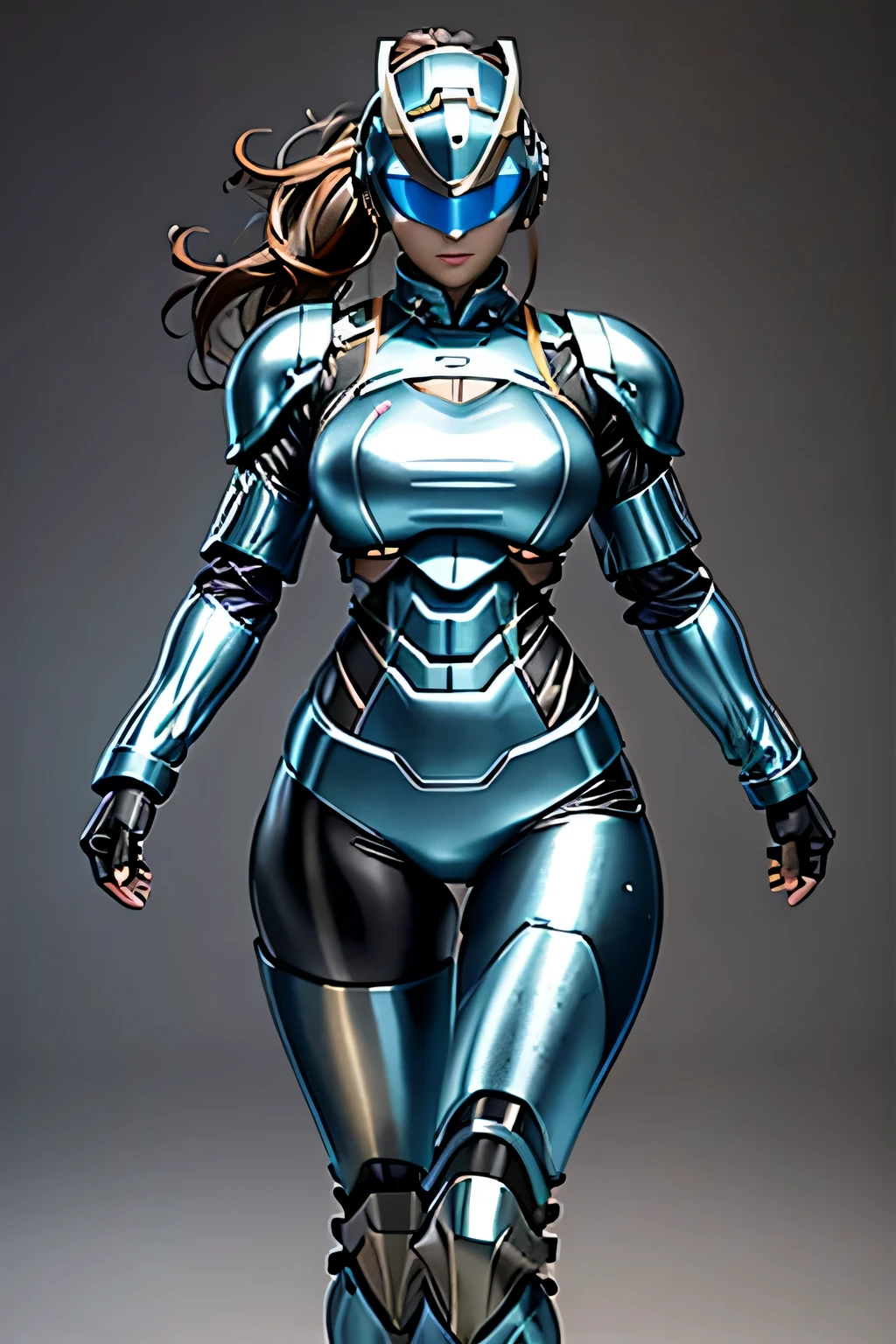 female robocop solo、Armor that completely covers the whole body、very large armor、Helmet with visor to hide your eyes、metallic sky blue armor、Armor that completely covers the chest、thin and long legs、Vibrant posel body view