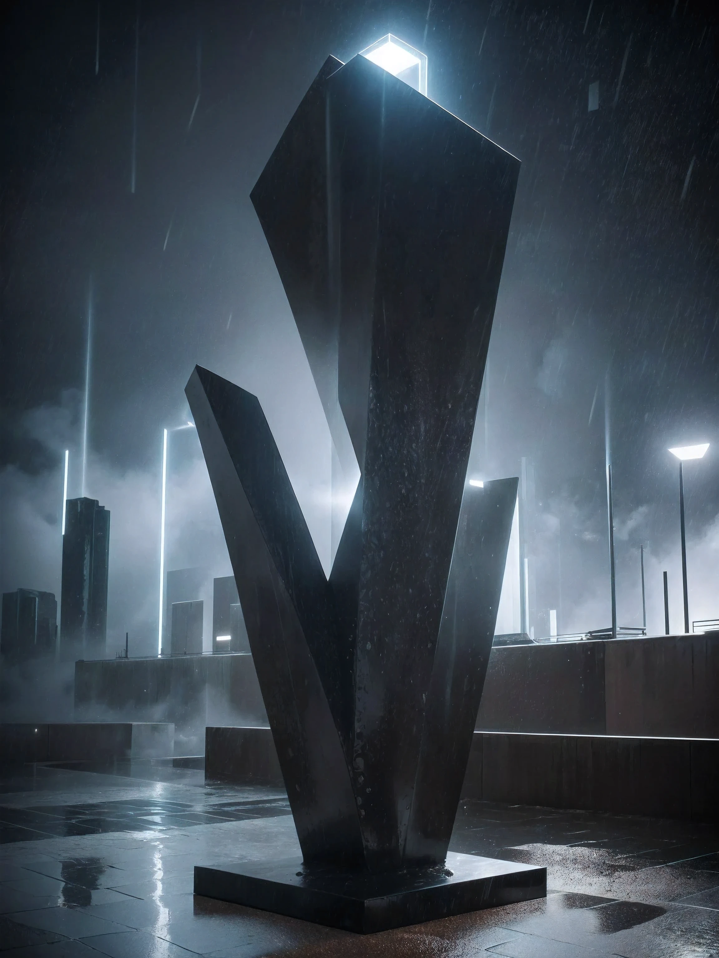 An abstract sculpture representing the loss of memory and the passing of time, with elements evoking burning spaceships and driving rain.
Modern sculpture
Style: Brutalism, kinetic
Inspirations: Richard Serra, Antony Gormley
Camera: 35mm
Shot: Wide angle, bottom up
Rendering details: Oxidised metal surface, sculpted rain falling on structure