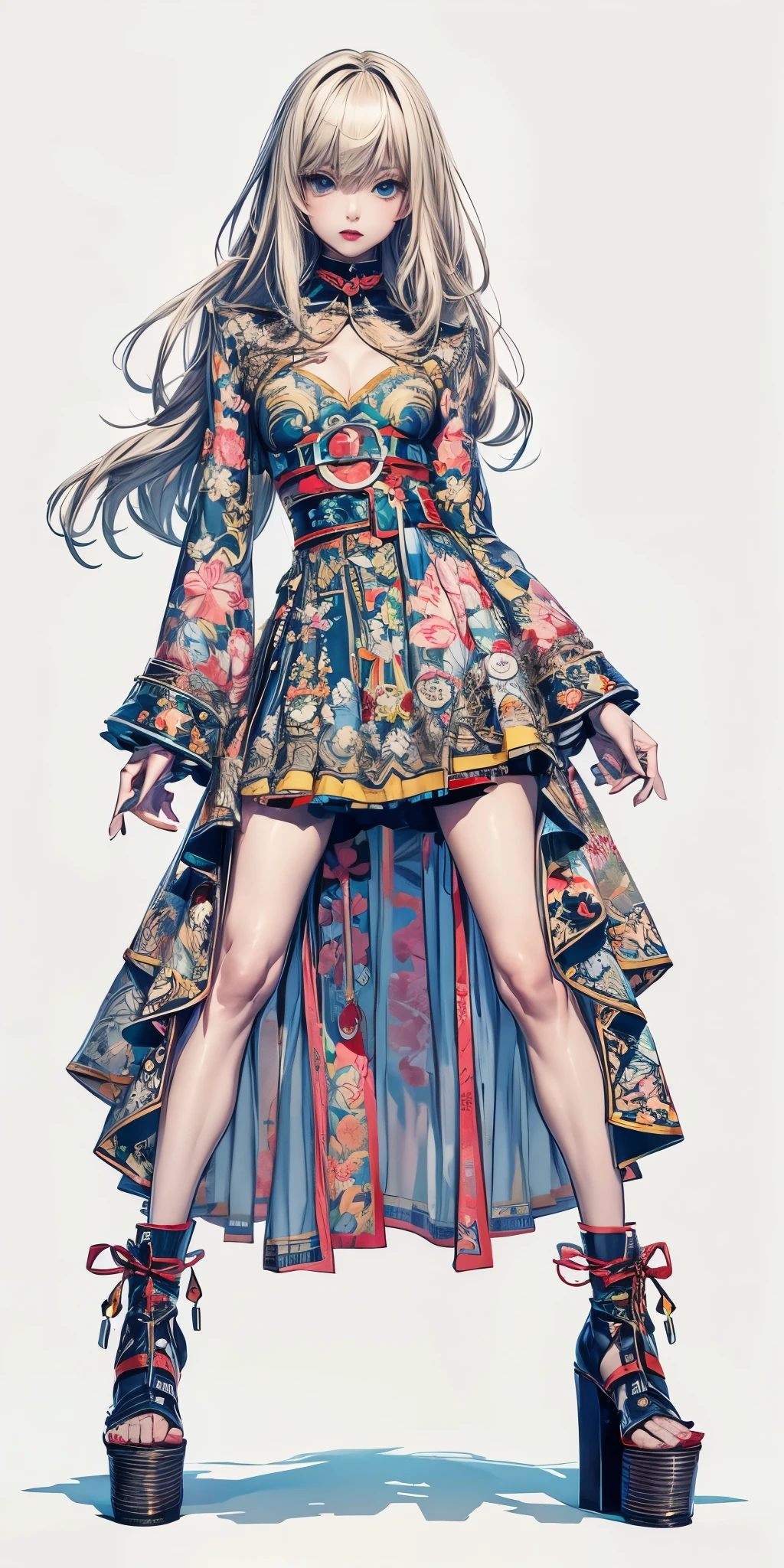 detailed fashion art, posing, cute girl with extremely slender arms and legs, avantgarde outfit, standing in blank space, pop style, mix od modern and traditional korean clothes, blonde hair, long hair, blue eyes, elegant  