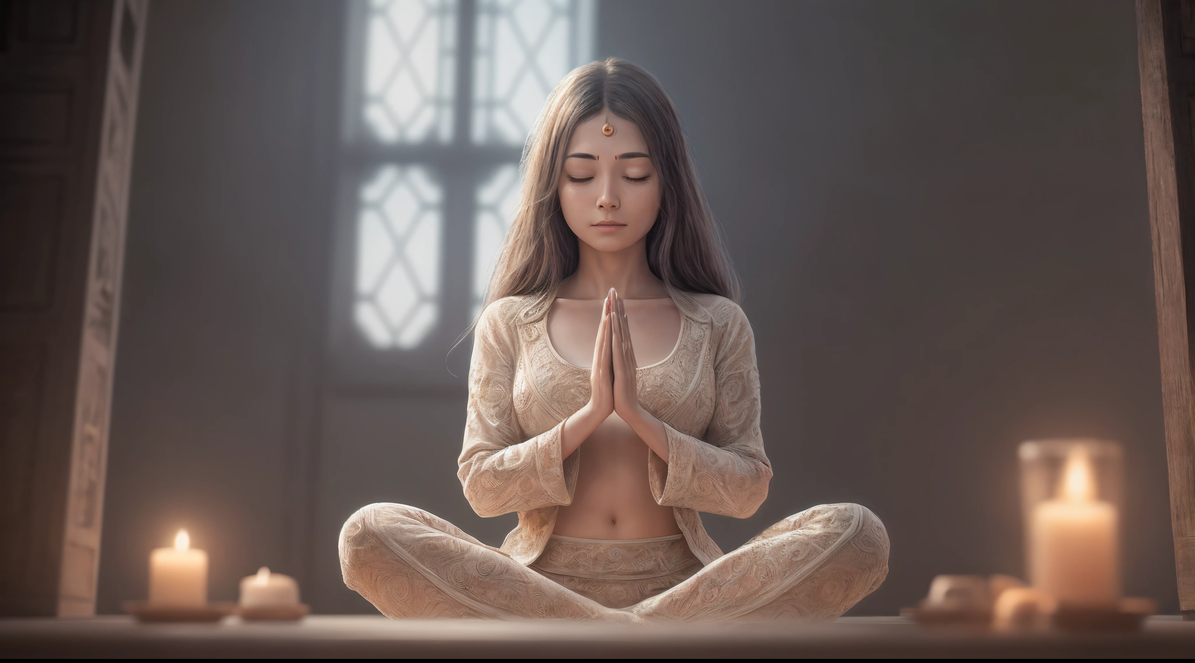 (((meditating))) Real women, meditating, Posture of taking medicine with both hands, relax, (detailed facial features), intricate detailed background, dream-like, art station trends, Hmm, 8k, atmosphere, Brightness, front light,