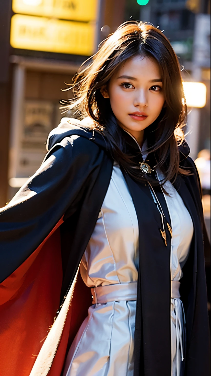 (skindentation:1.5), Realistic, Photorealistic, (masterpiece:1.5), concept art, intricate details, highly detailed, photorealistic, octane render, 8k, unreal engine, dynamic pose, best quality, highres, (realistic face:1.1), (hyperrealistic:1.1), ((full_body)), perfect eyes,(shiny skin:1.2), (((hairstyle))), (((perfect hands))), (extremely detailed background), ((dynamic background)), ((lightning)), (light rays), ((1girl)), wearing cloak, (((flowing cloak))), ((detailed eyes, high quality eyes, high quality face)), (extremely intricate robes, magical robes), short hair, casting lightning, electricity, swirling fire, radiating power, sparks, smoke, magic, ((dramatic)), epic, battlefield, depth of field, bokeh, 4k, gothic, ember, particles