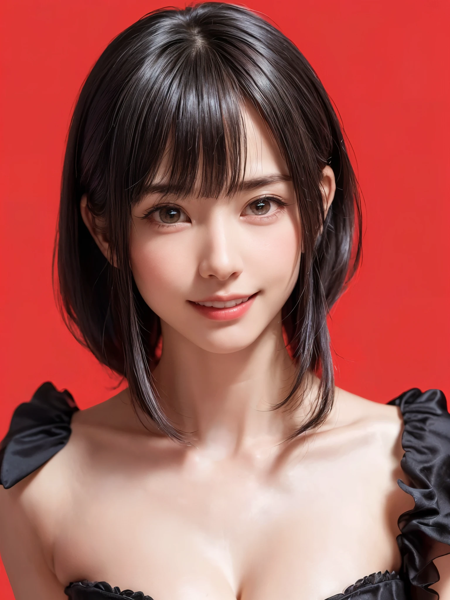 (table top, highest quality、ultra high resolution、face focus focus、focus on the sides、navel focus、decolletage focus、very attractive beauty、Adds intense highlights to the eyes、look closely at the camera:1.4、Absolutely beautiful bangs:1.4、Brunette short bob hair with bangs:1.4),1 girl, Report, black haired, realistic, looking at the viewer, pale black eyes, short hair, lips, lip gloss, Upper body、Big eyes、eyelash)、((italian natural background、hyper real stick:1.4))、((short hair with bangs:1.4、Beautiful bangs with 46 points:1.4、{Huge|big|Hugeな|mega} chest:2, cleavage:2、Big eyes、Give students very powerful highlights、very bigger chest、look at the audience、very beautiful beauty、show me your ears、beautiful long neck、beautiful decollete、smile、A smilee beautiful teeth、Open your mouth and smilee))、28 years old、very cute super model、perfect anatomy